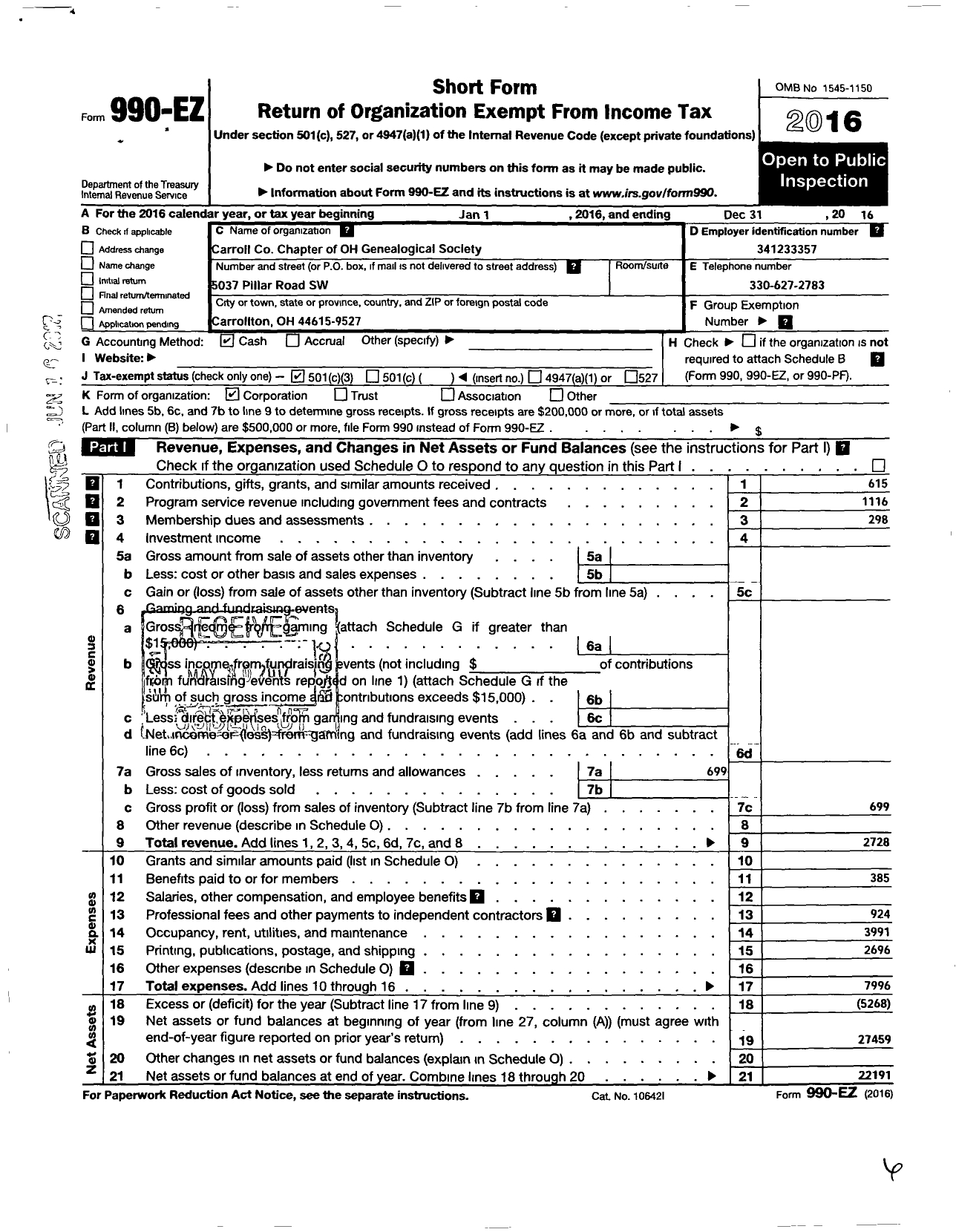 Image of first page of 2016 Form 990EZ for Carroll County Chapter of the Ohio Geneological Society