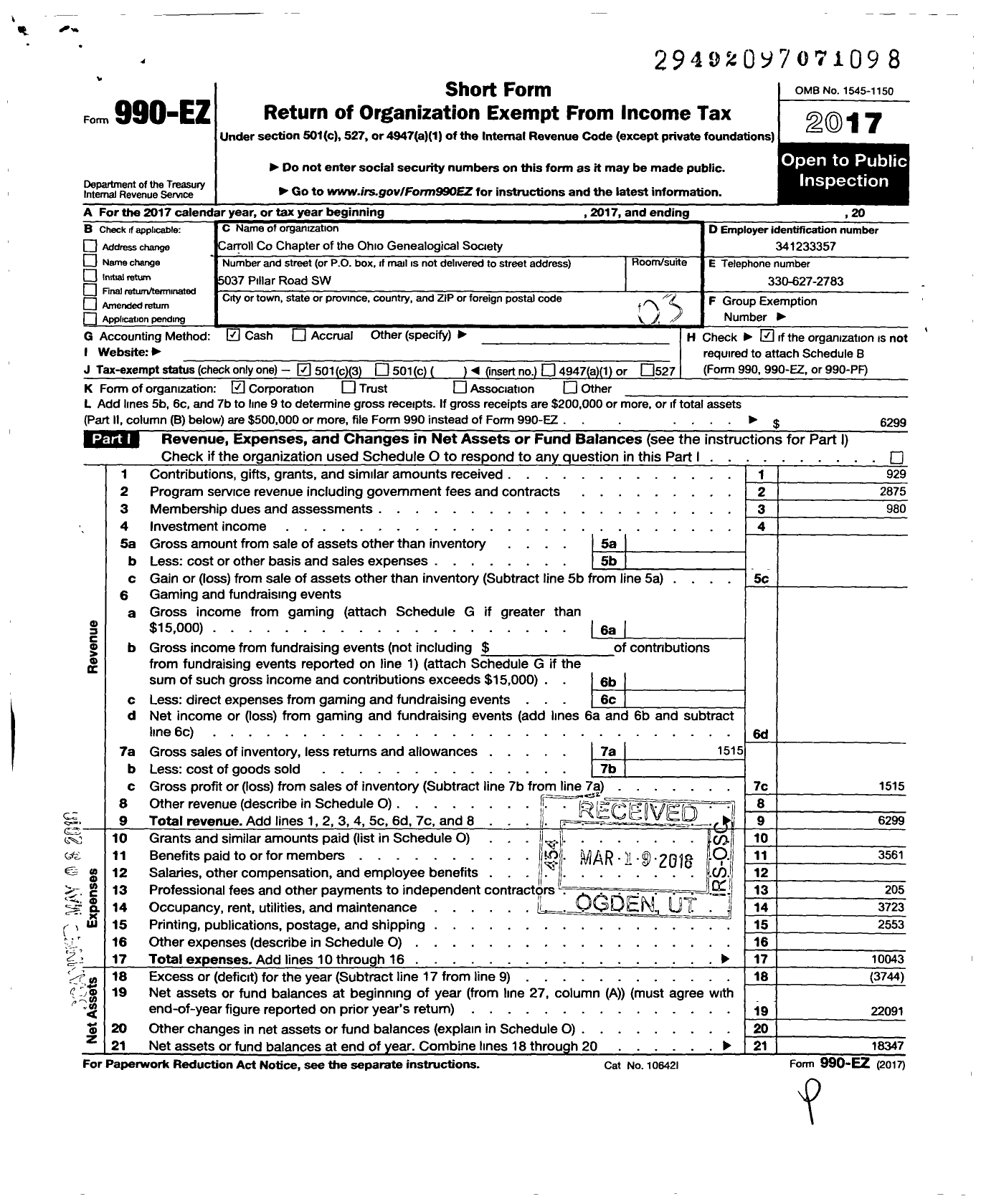 Image of first page of 2017 Form 990EZ for Carroll County Chapter of the Ohio Geneological Society