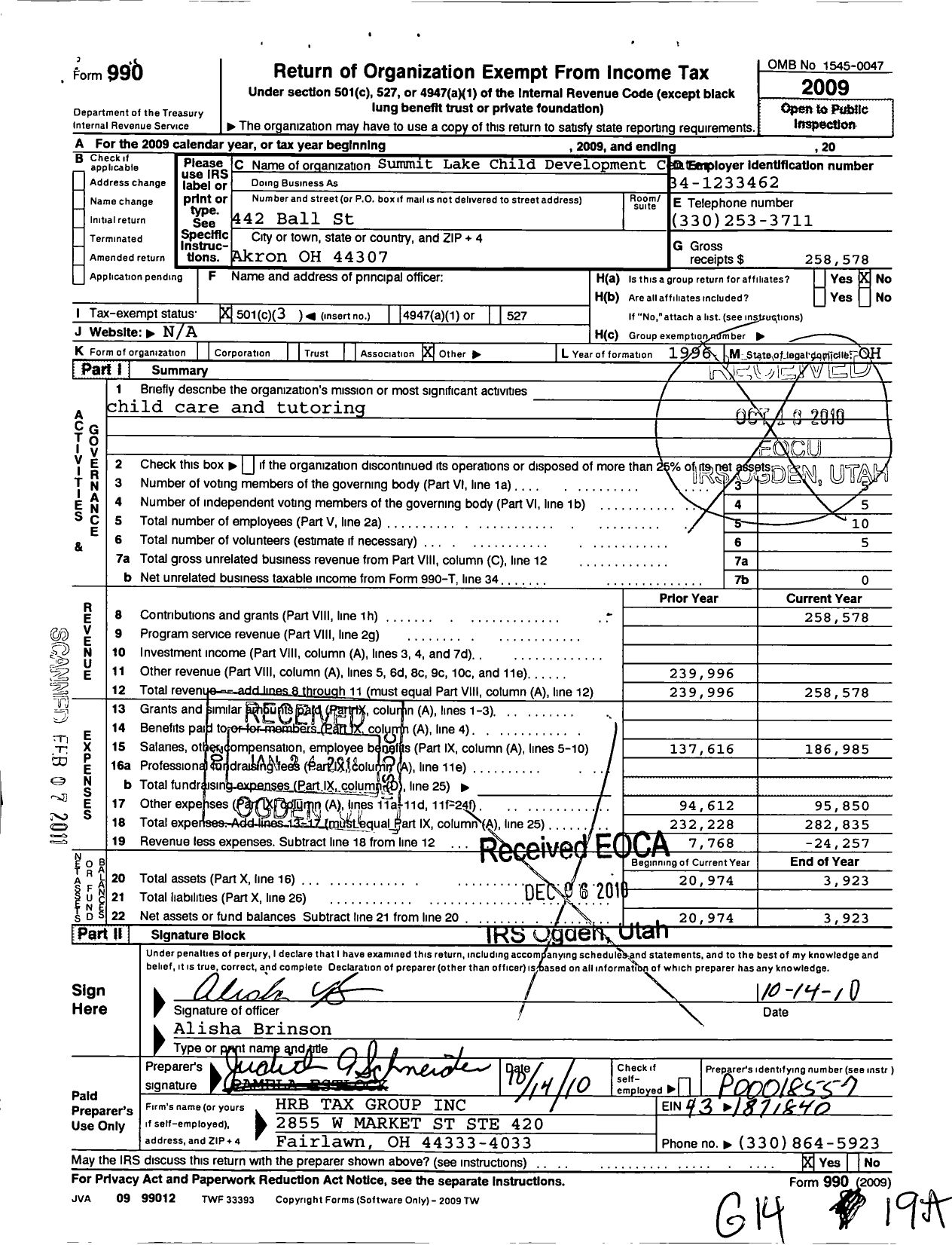 Image of first page of 2009 Form 990 for Summit Lake Child Development Center Project Agape