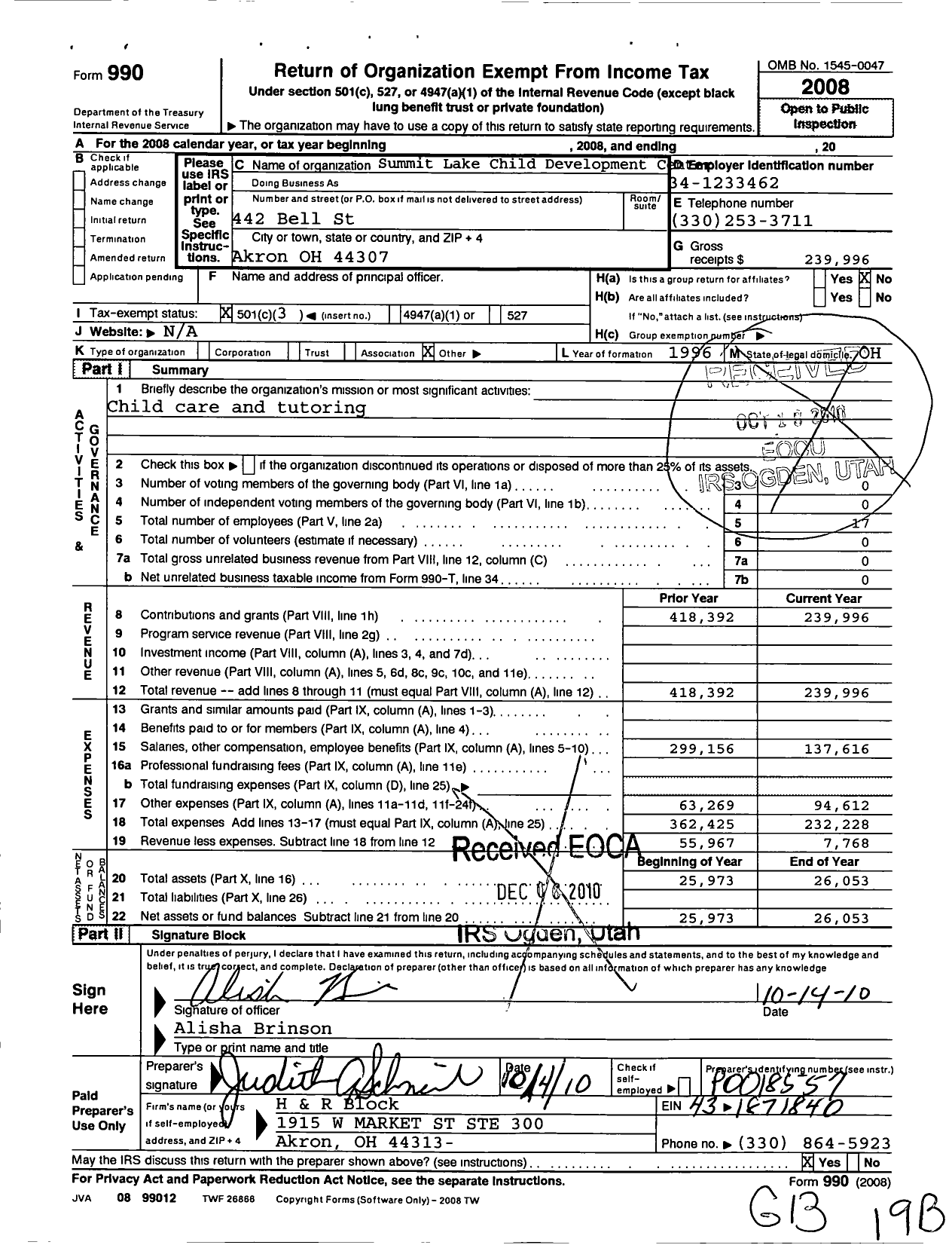 Image of first page of 2008 Form 990 for Summit Lake Child Development Center Project Agape