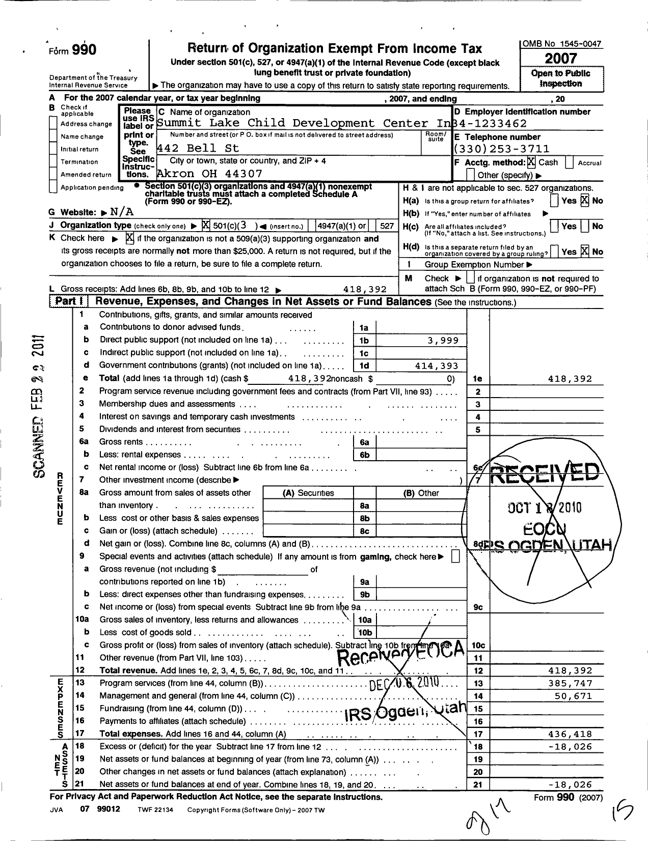 Image of first page of 2007 Form 990 for Summit Lake Child Development Center Project Agape