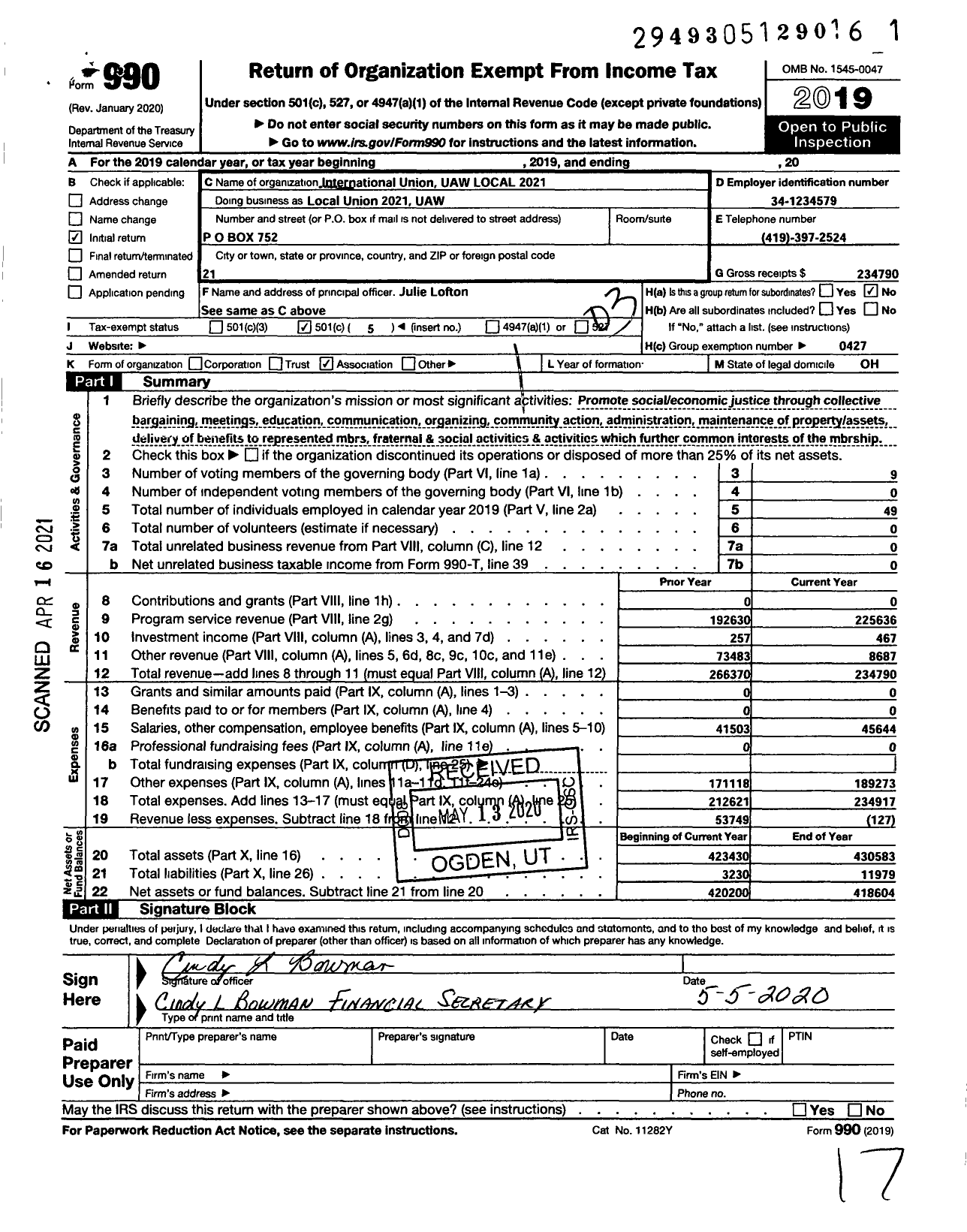 Image of first page of 2019 Form 990 for UAW - Local Union 2021 UAW