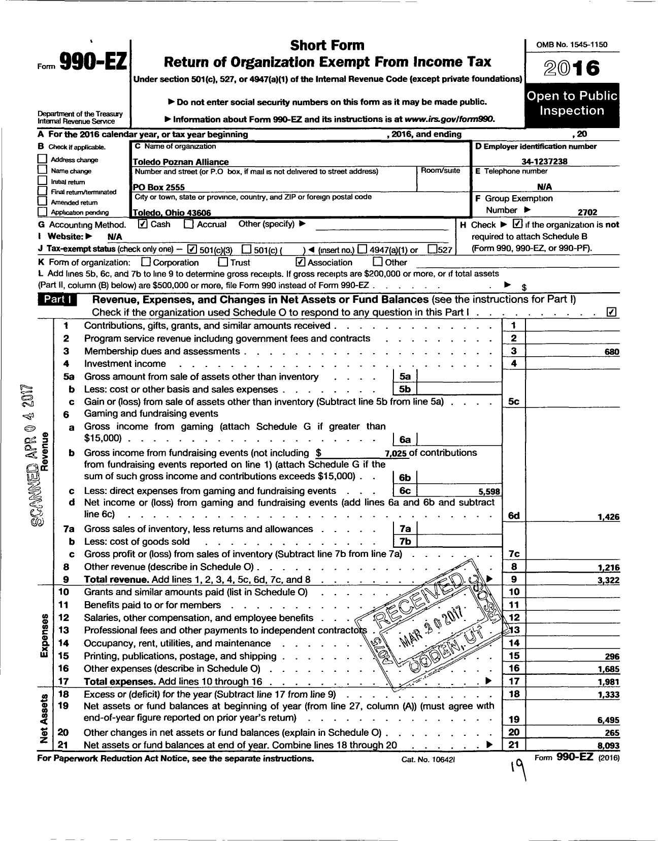 Image of first page of 2016 Form 990EZ for Toledo Roadrunners Club