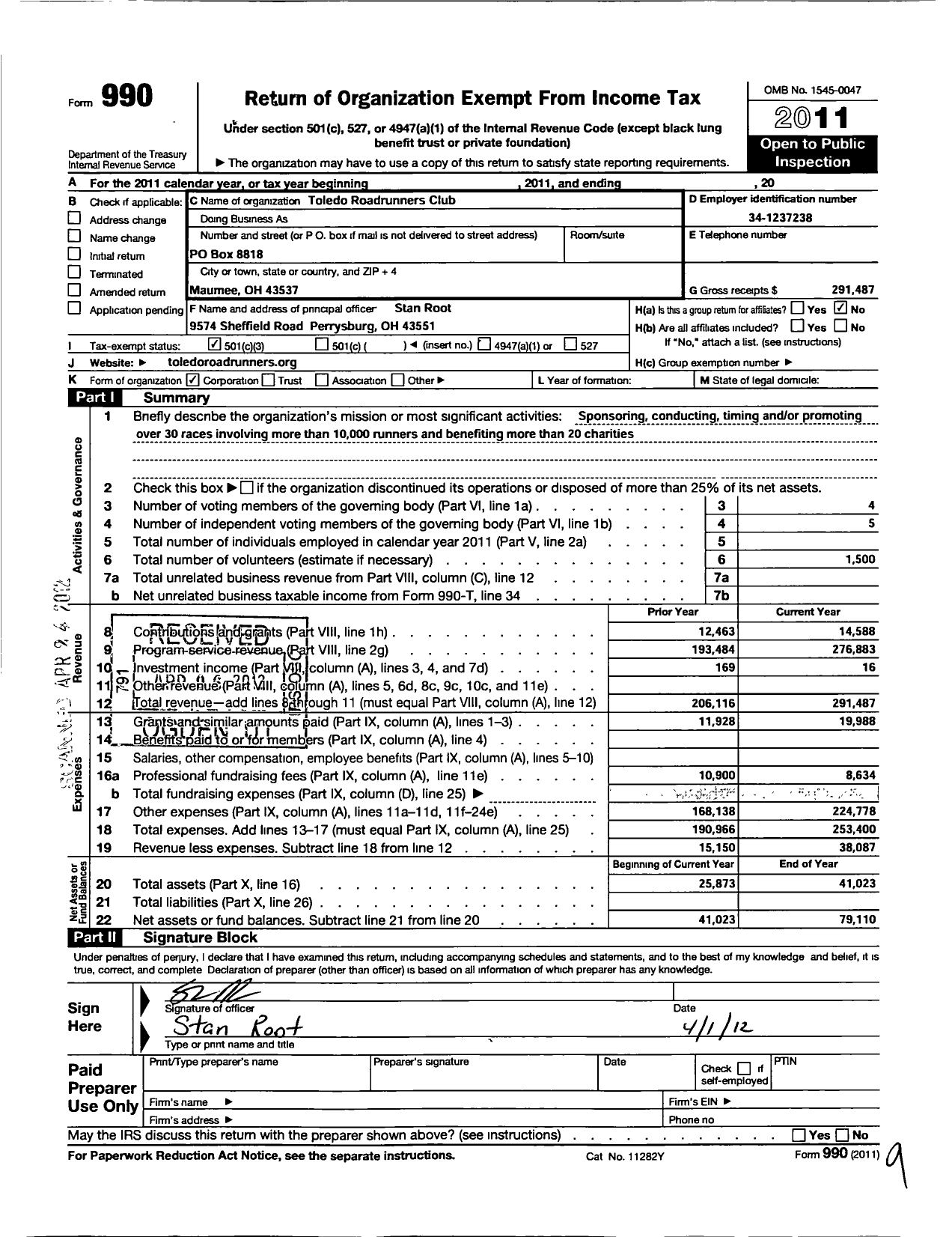 Image of first page of 2011 Form 990 for Toledo Roadrunners Club