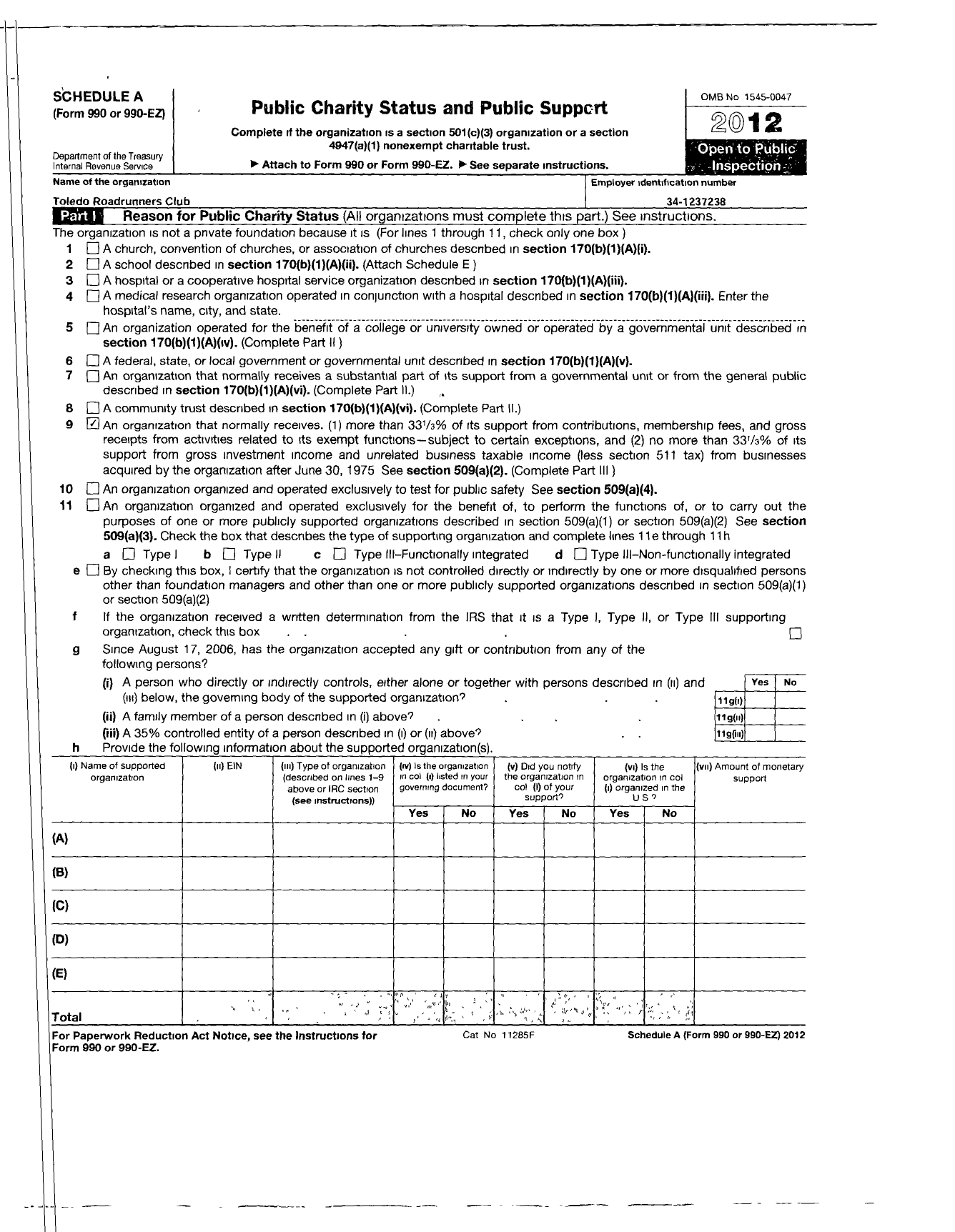 Image of first page of 2012 Form 990R for Toledo Roadrunners Club