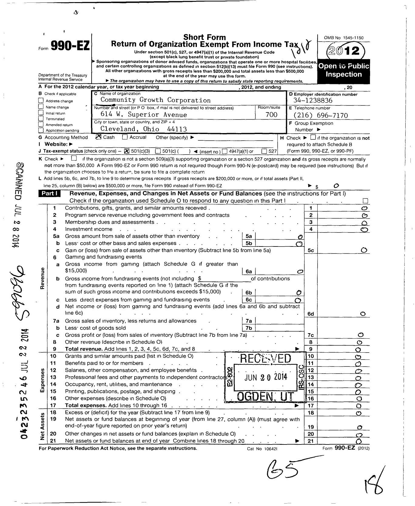 Image of first page of 2012 Form 990EZ for Community Growth Corporation