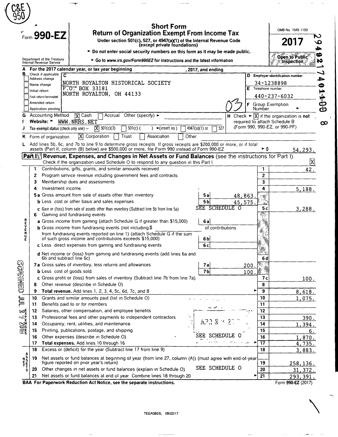 Image of first page of 2017 Form 990EZ for North Royalton Historical Society