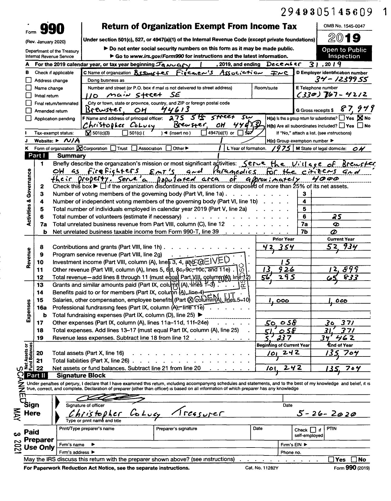 Image of first page of 2019 Form 990 for Brewster Firemen's Association