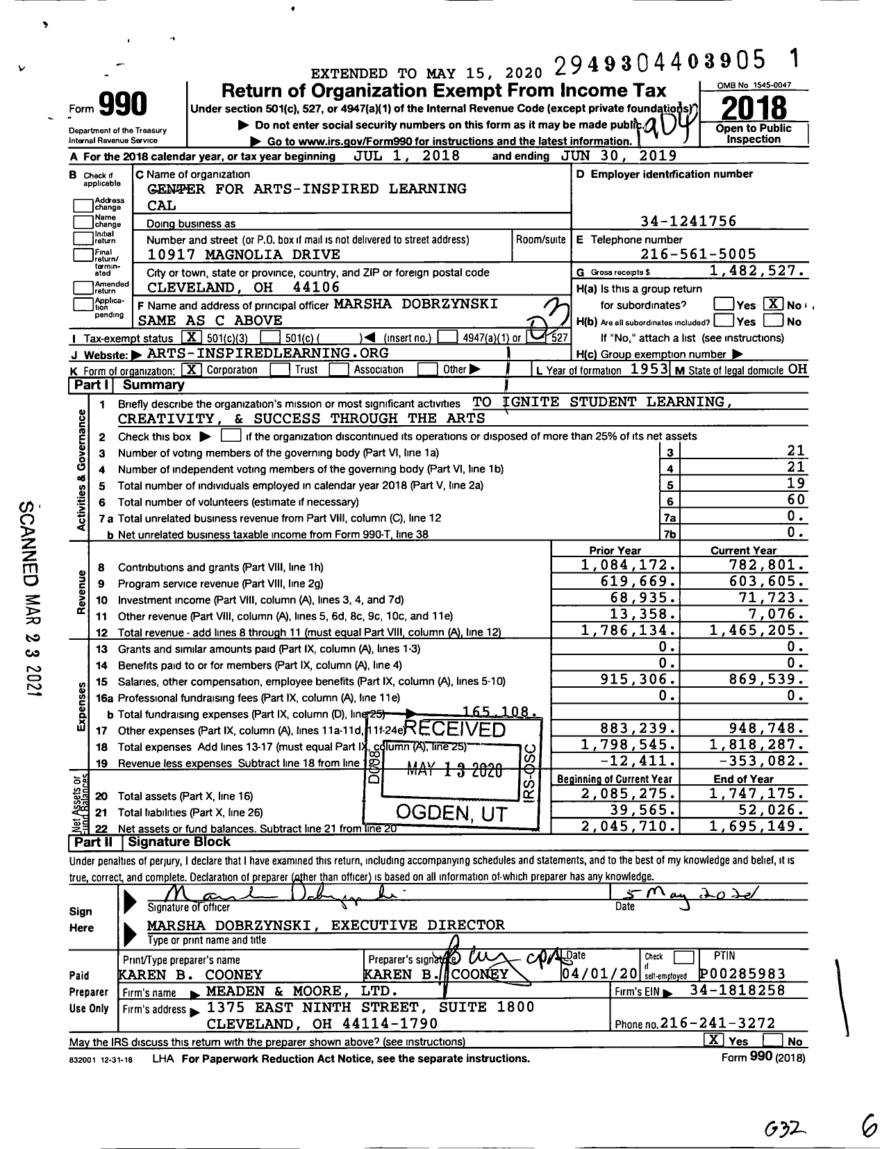 Image of first page of 2018 Form 990 for Center for Arts-Inspired Learning