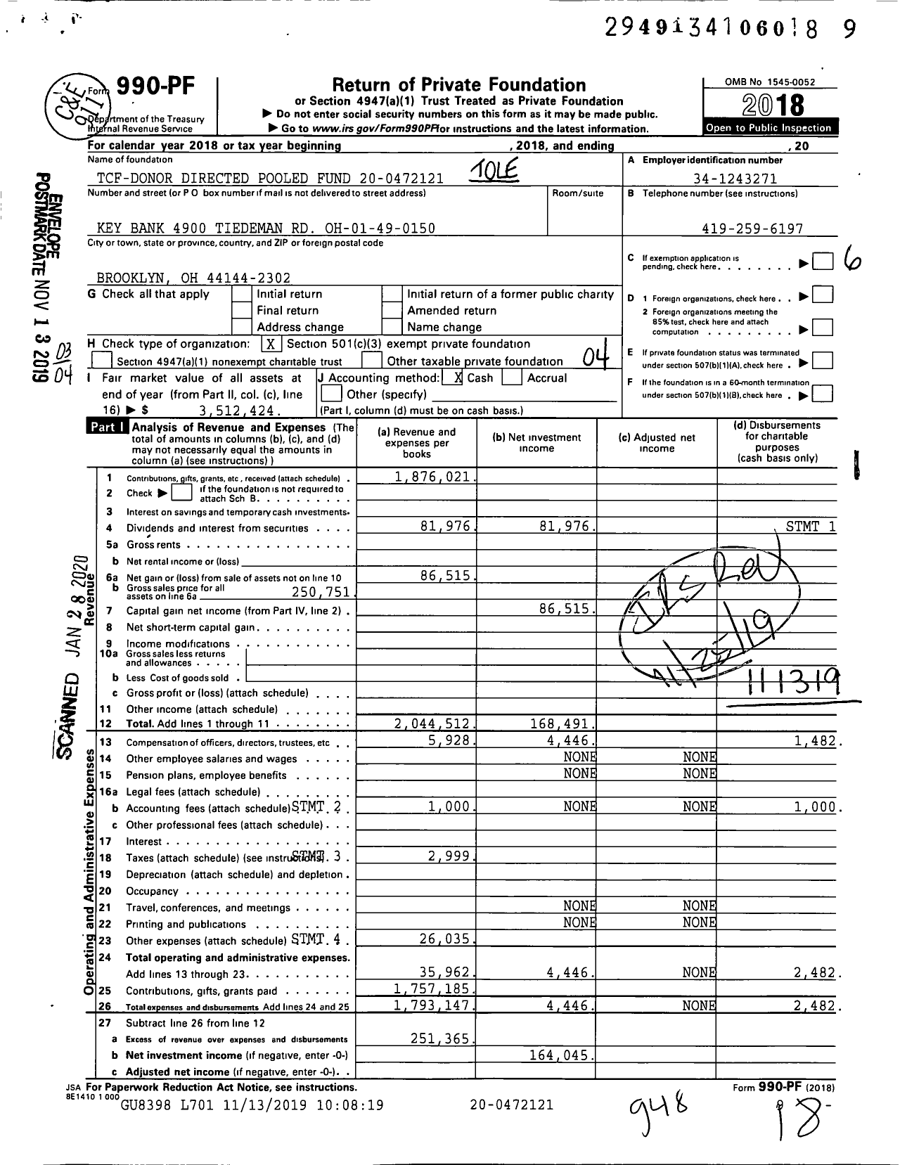 Image of first page of 2018 Form 990PF for Tcf-Donor Directed Pooled Fund