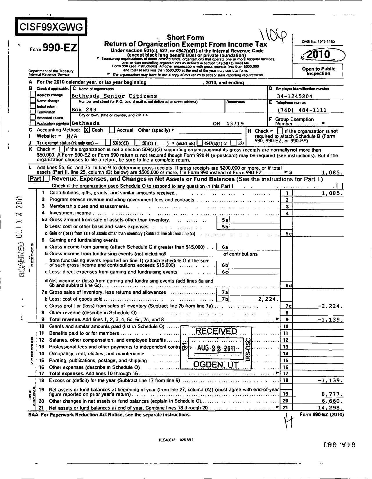 Image of first page of 2010 Form 990EO for Bethesda Senior Citizens