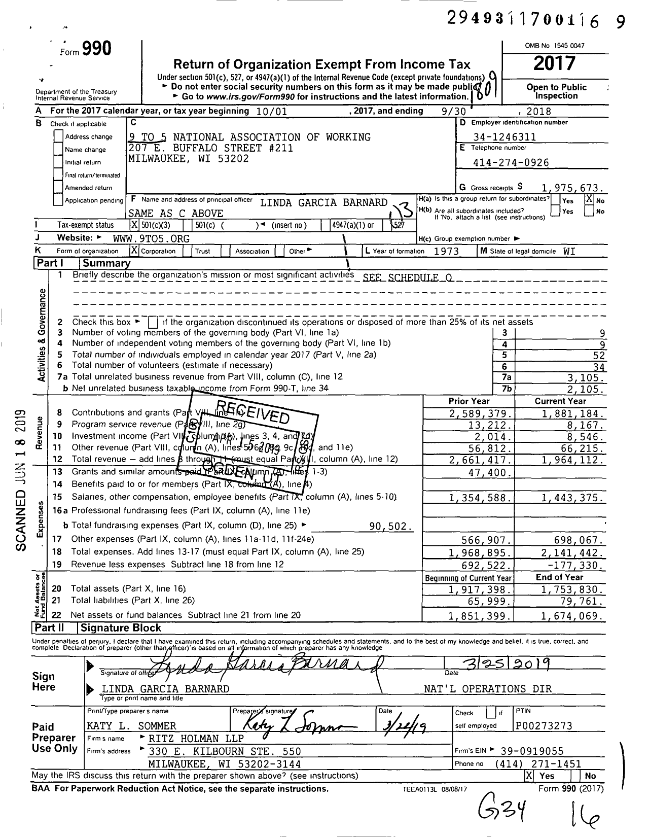 Image of first page of 2017 Form 990 for 9to5 NATIONAL ASSOCIATION OF WORKING Women