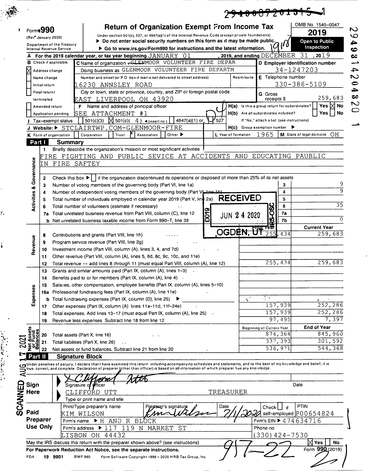 Image of first page of 2019 Form 990O for Glenmoor Volunteer Fire Department