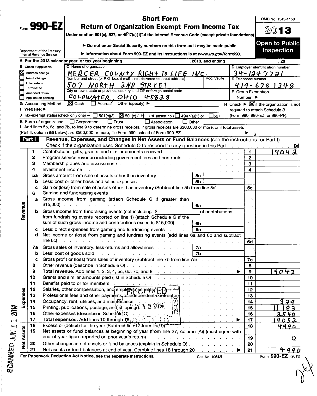 Image of first page of 2013 Form 990EO for Mercer County Right To Life