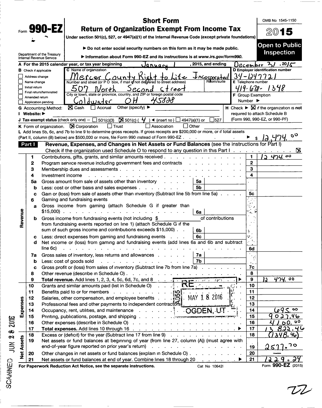 Image of first page of 2015 Form 990EO for Mercer County Right To Life