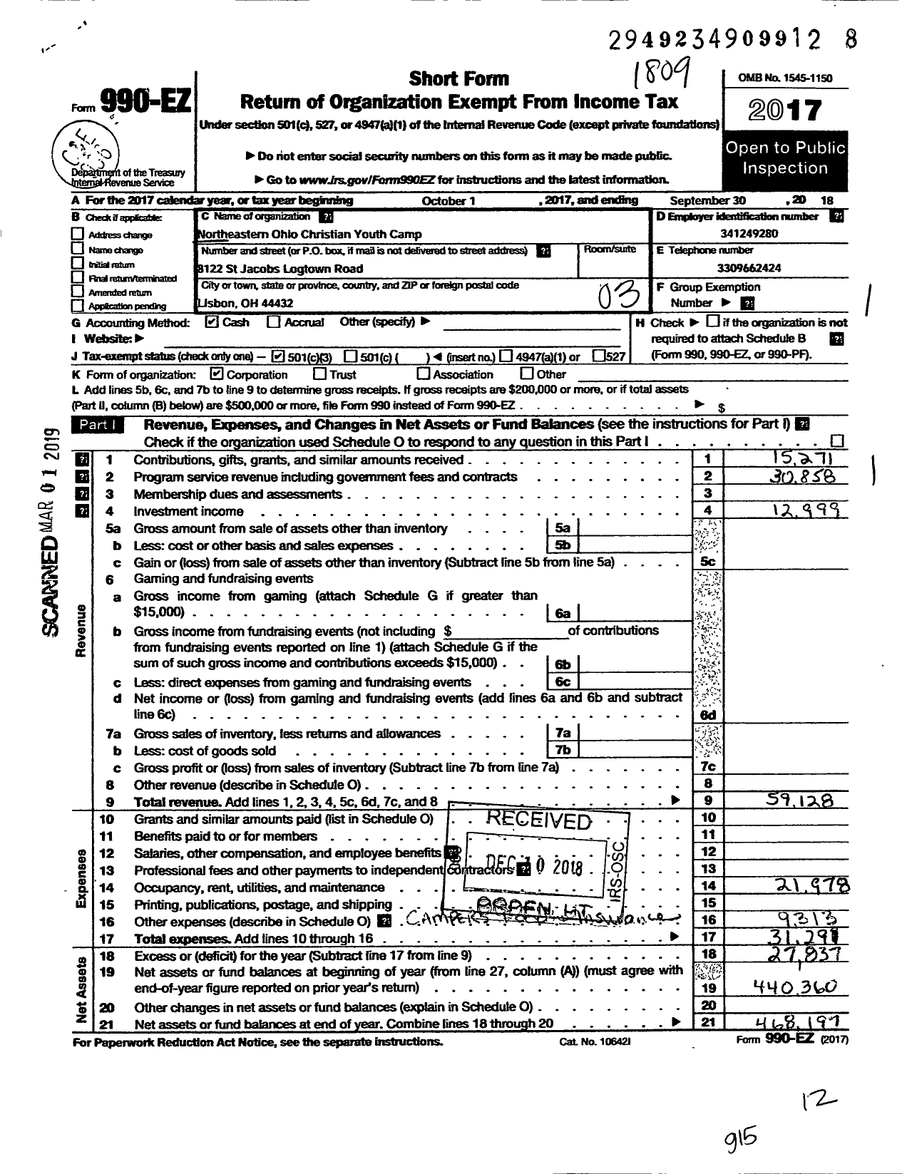 Image of first page of 2017 Form 990EZ for Northeastern Ohio Christian Youth Camp