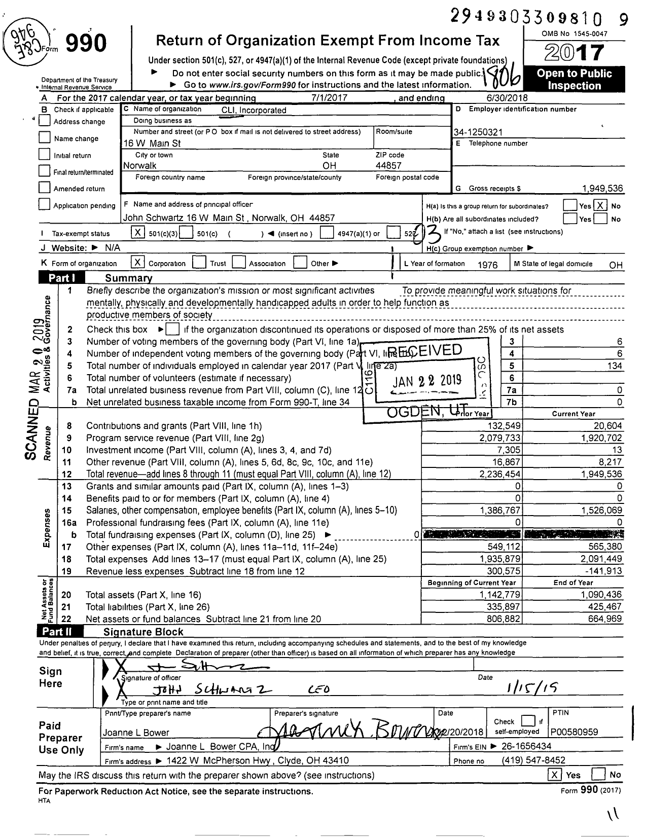 Image of first page of 2017 Form 990 for Cli Incorporated