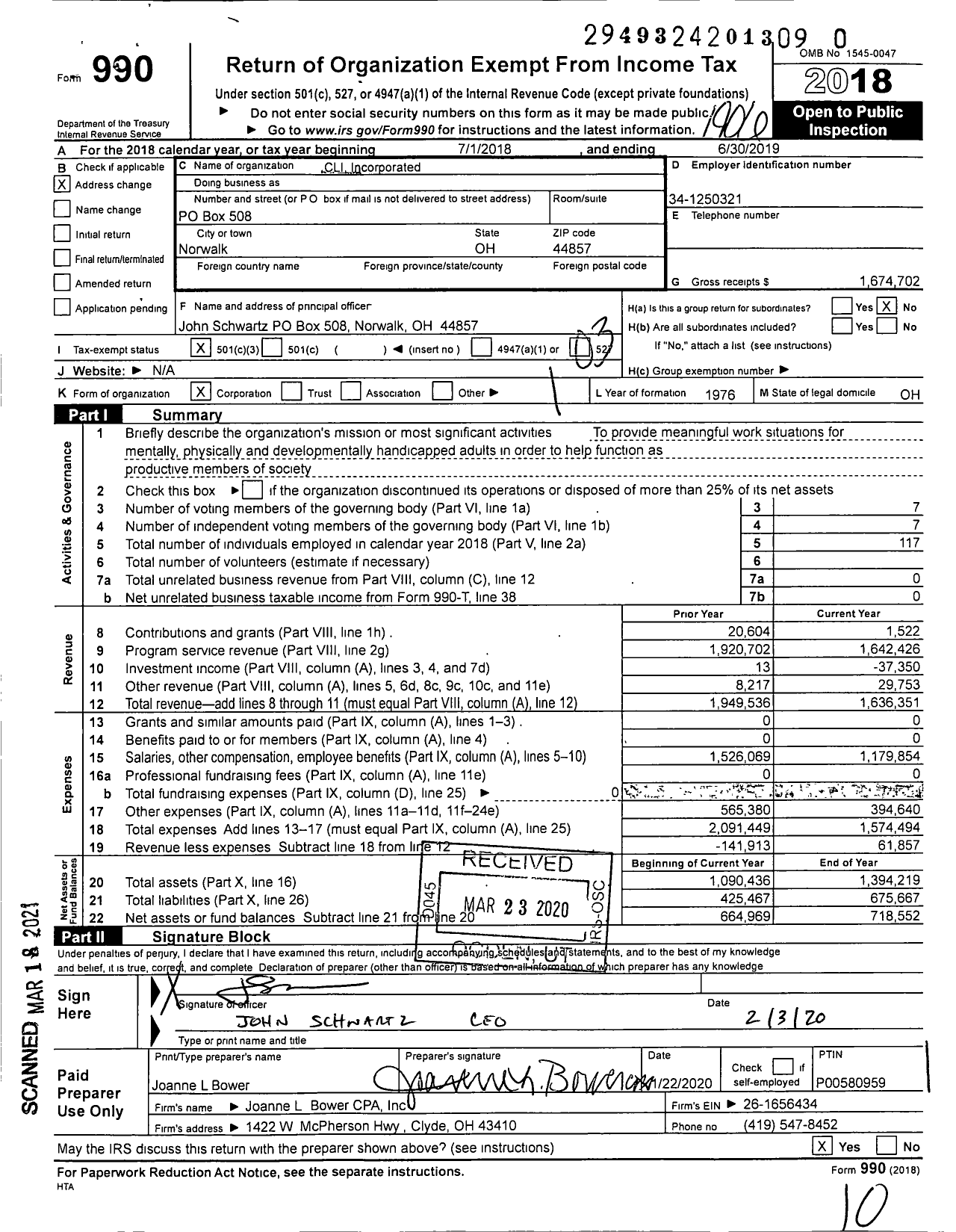 Image of first page of 2018 Form 990 for Cli Incorporated