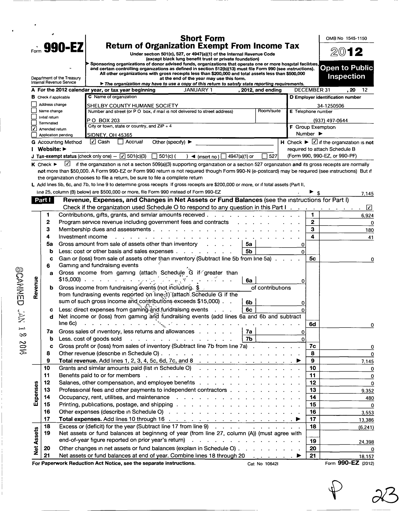 Image of first page of 2012 Form 990EZ for Shelby County Ohio Humane Society