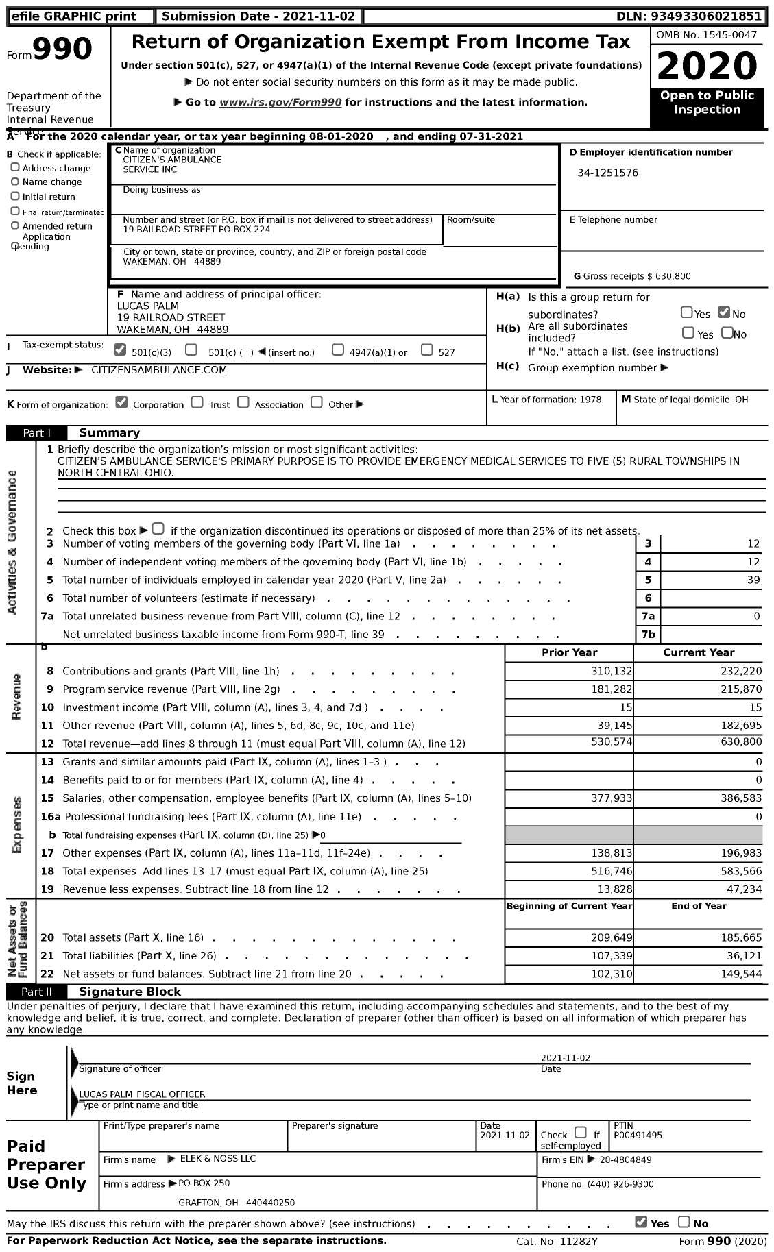 Image of first page of 2020 Form 990 for Citizens Ambulance Service