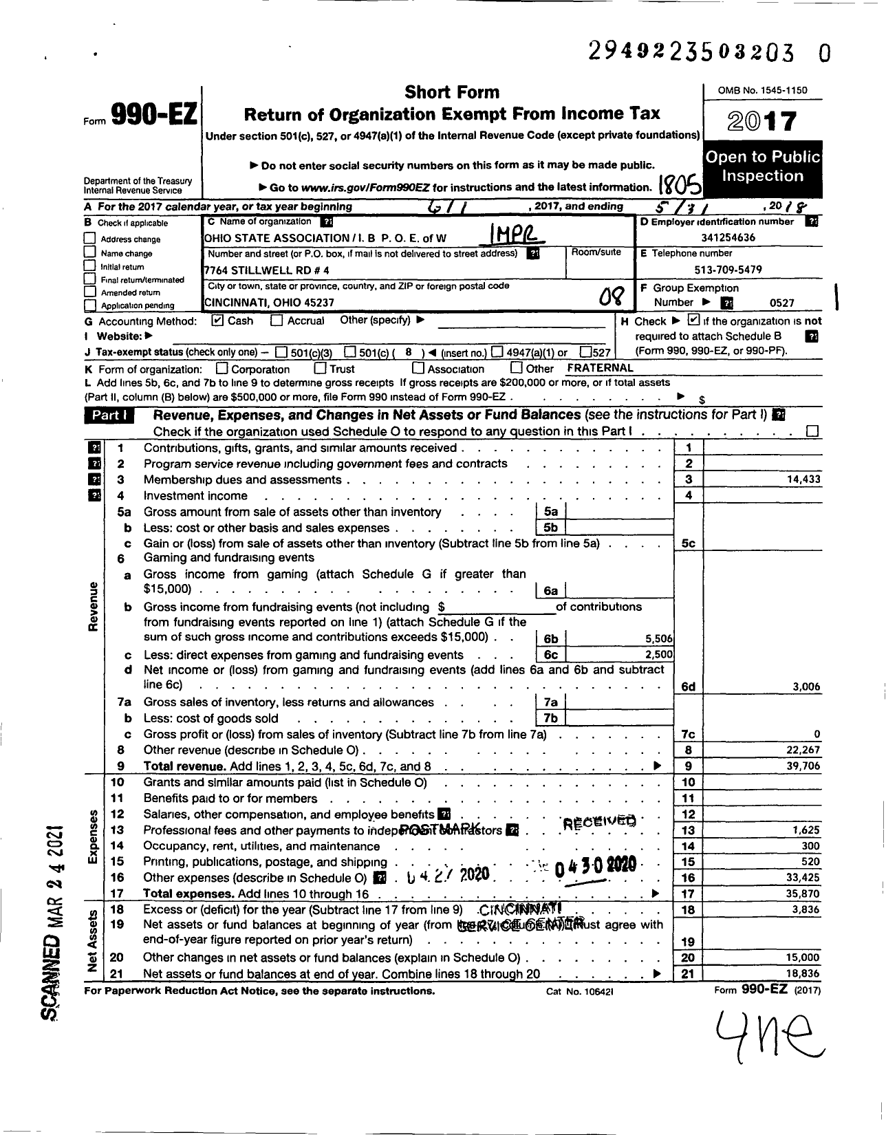 Image of first page of 2017 Form 990EO for Ohio State Association of Elks Ibpoe of the World