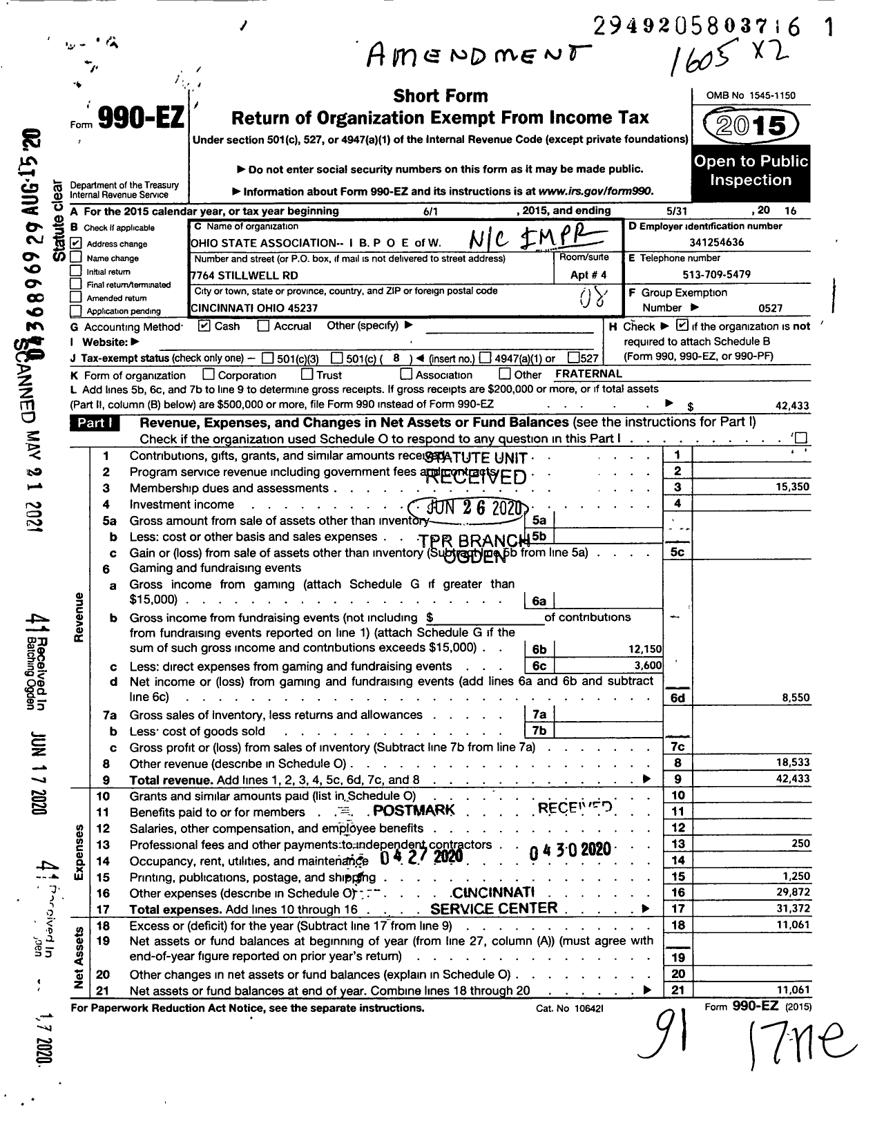 Image of first page of 2015 Form 990EO for Ohio State Association of Elks Ibpoe of the World