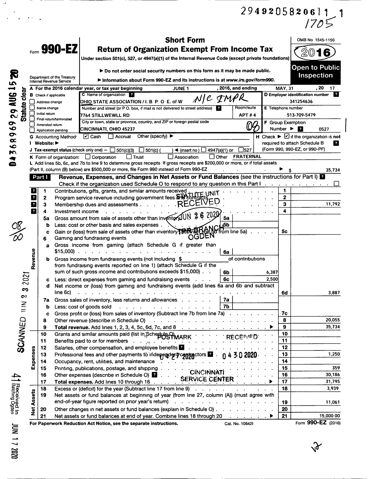 Image of first page of 2016 Form 990EO for Ohio State Association of Elks Ibpoe of the World