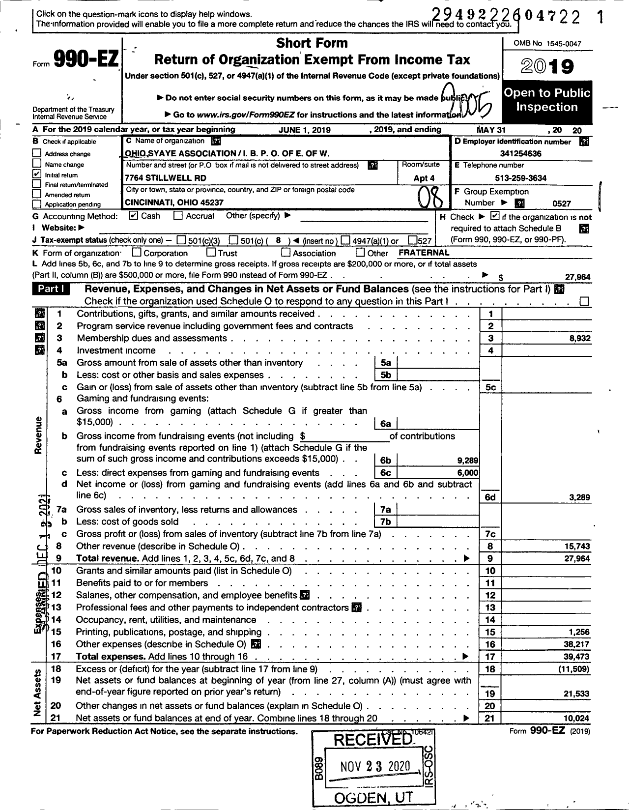 Image of first page of 2019 Form 990EO for Ohio State Association of Elks Ibpoe of the World