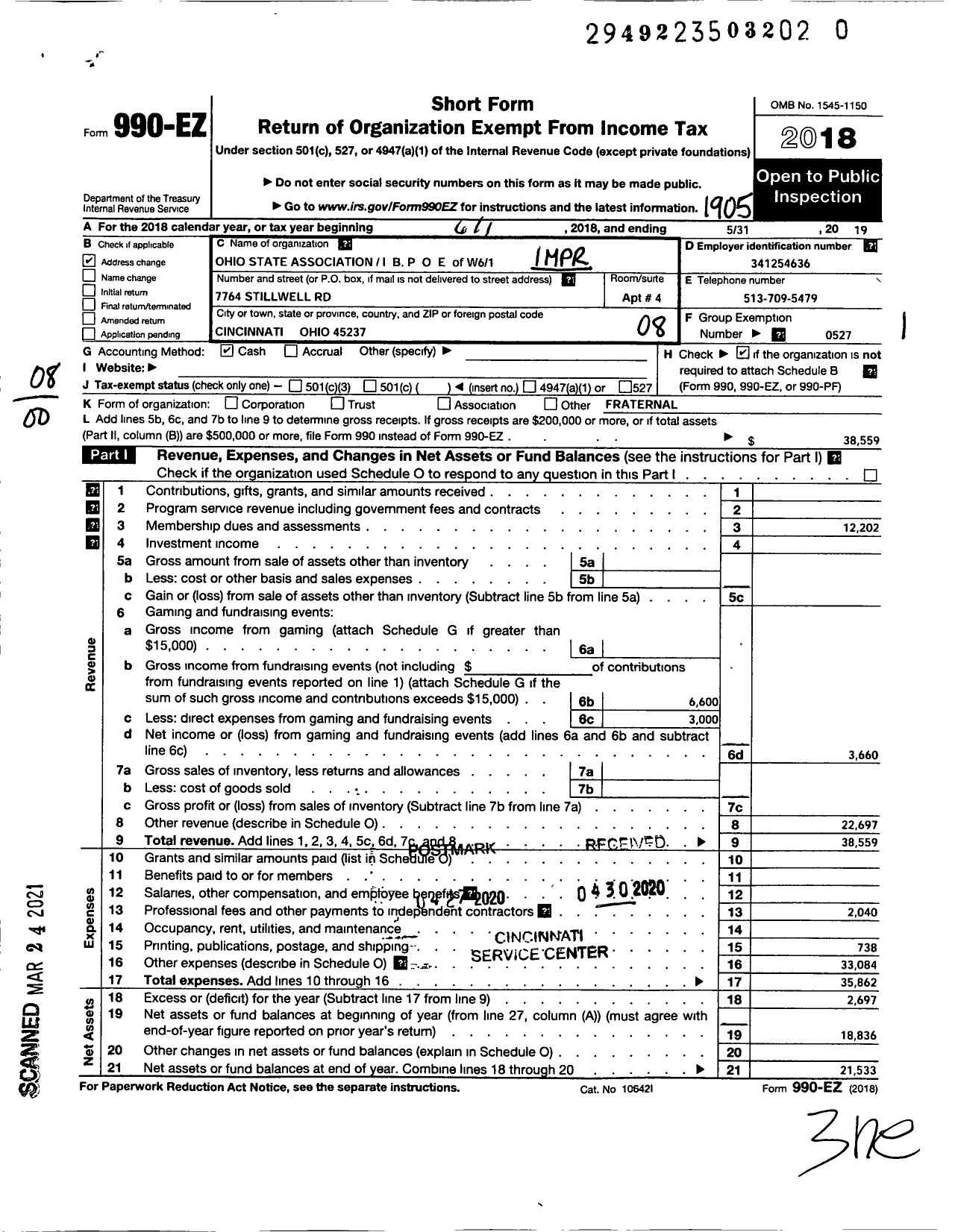 Image of first page of 2018 Form 990EO for Ohio State Association of Elks Ibpoe of the World