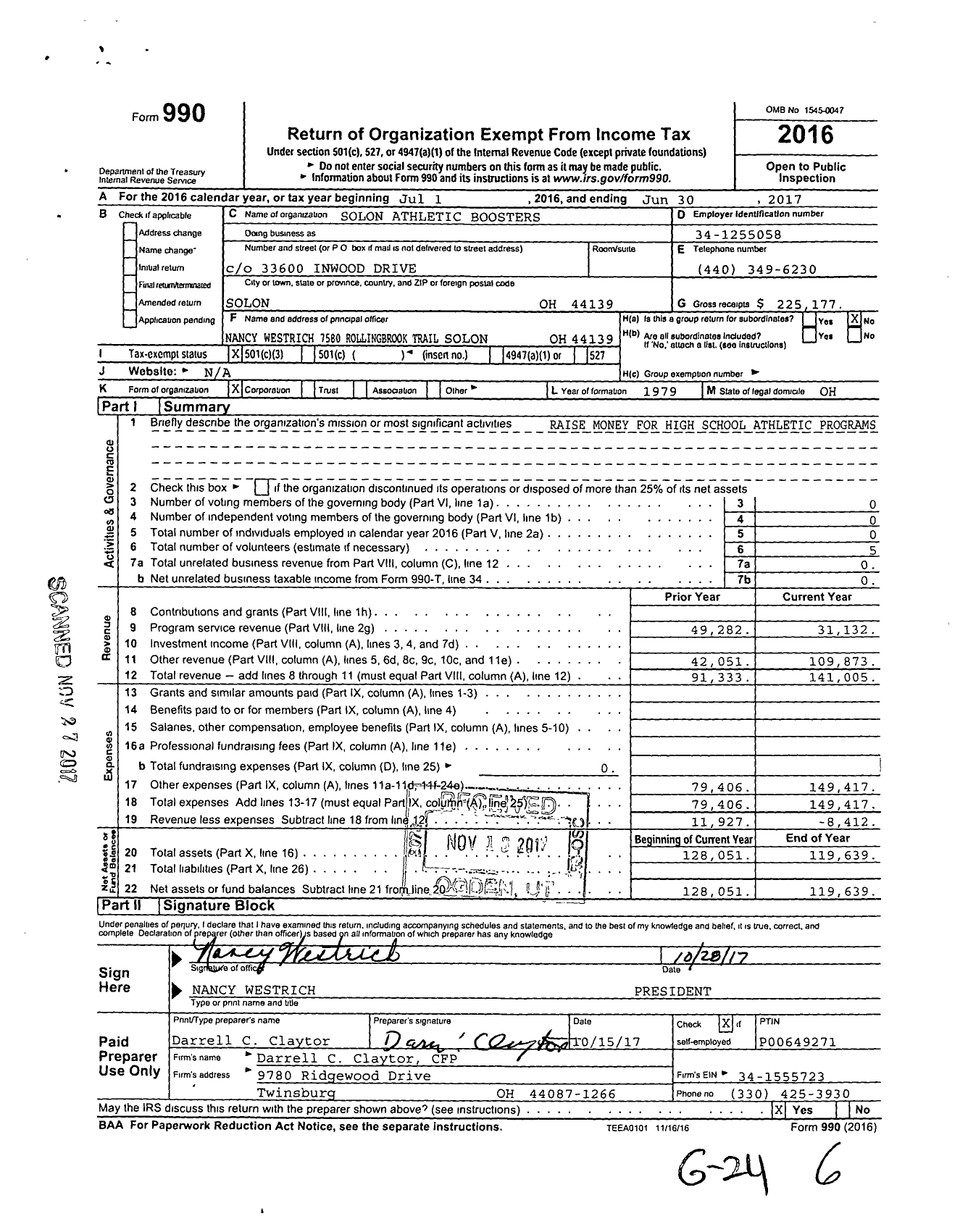 Image of first page of 2016 Form 990 for Solon Athletic Boosters