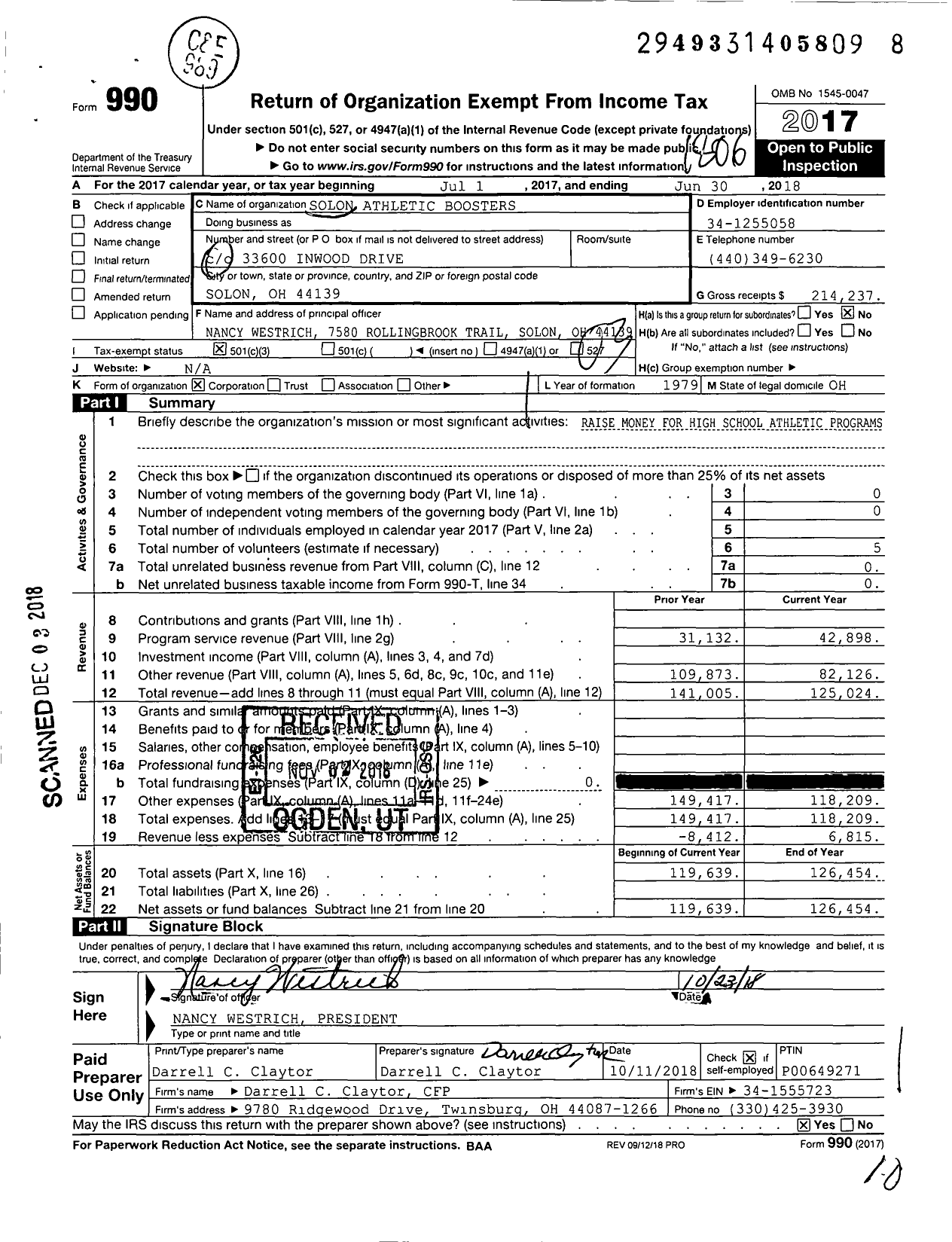 Image of first page of 2017 Form 990 for Solon Athletic Boosters