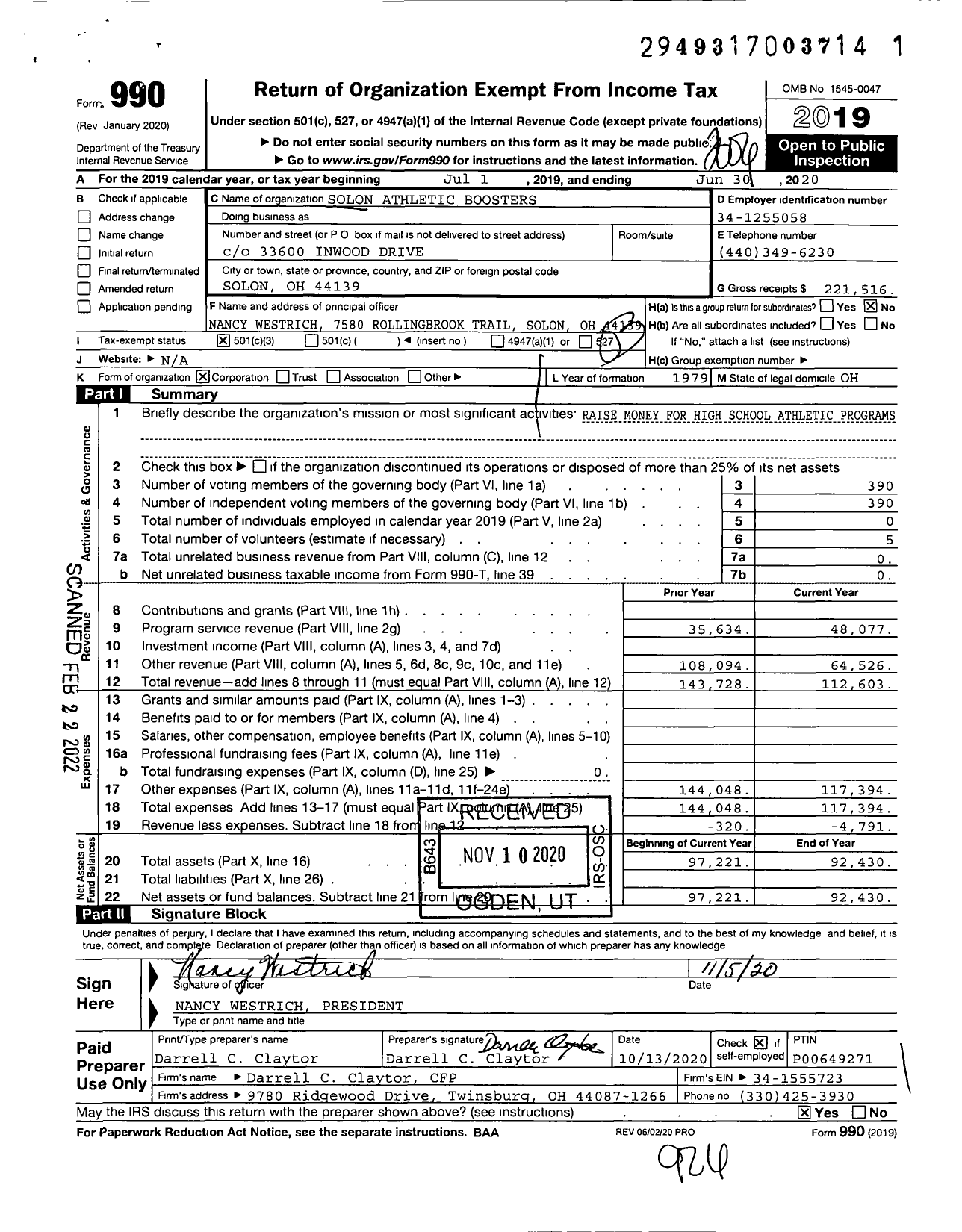 Image of first page of 2019 Form 990 for Solon Athletic Boosters