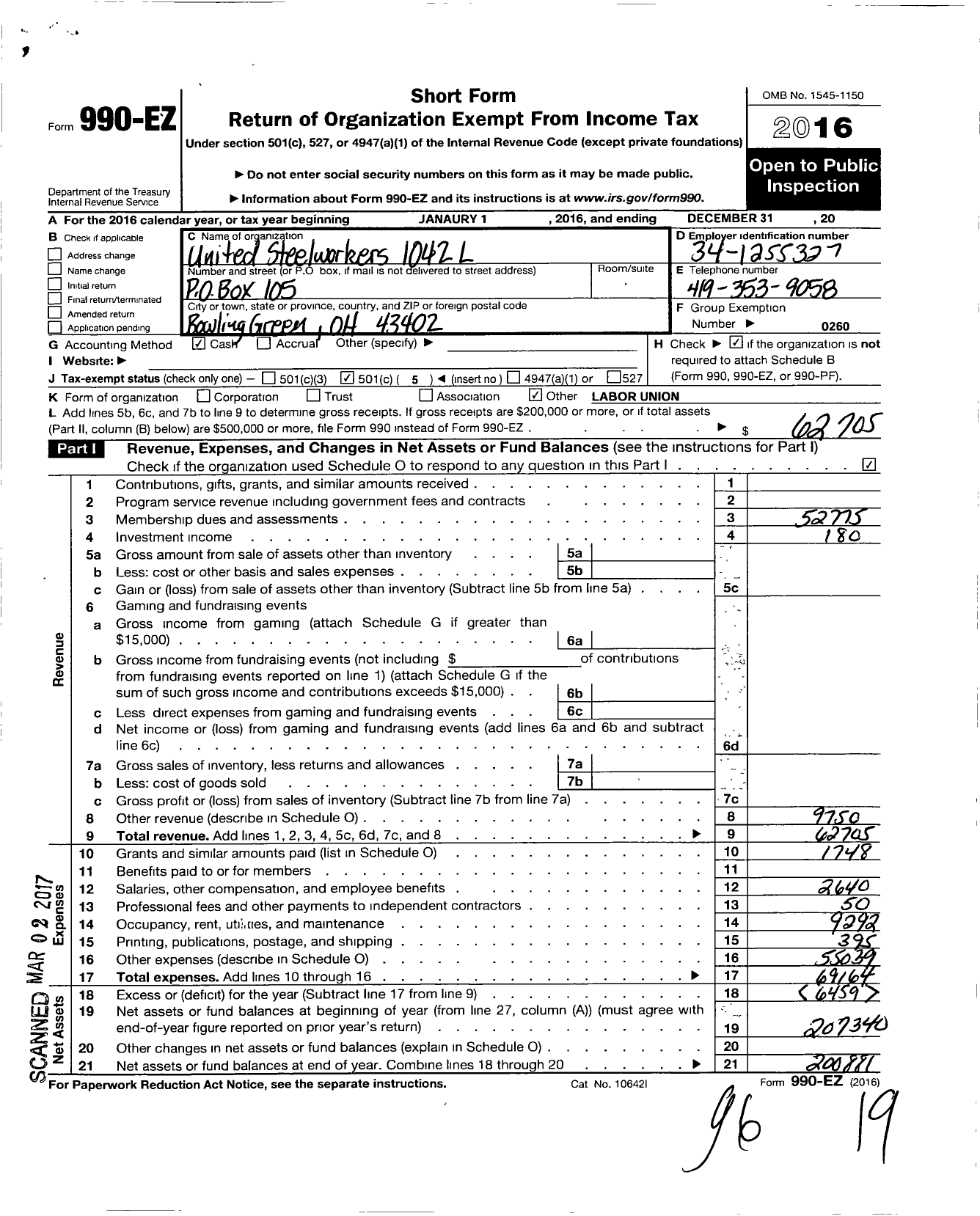 Image of first page of 2016 Form 990EO for United Steelworkers - 01042l Local