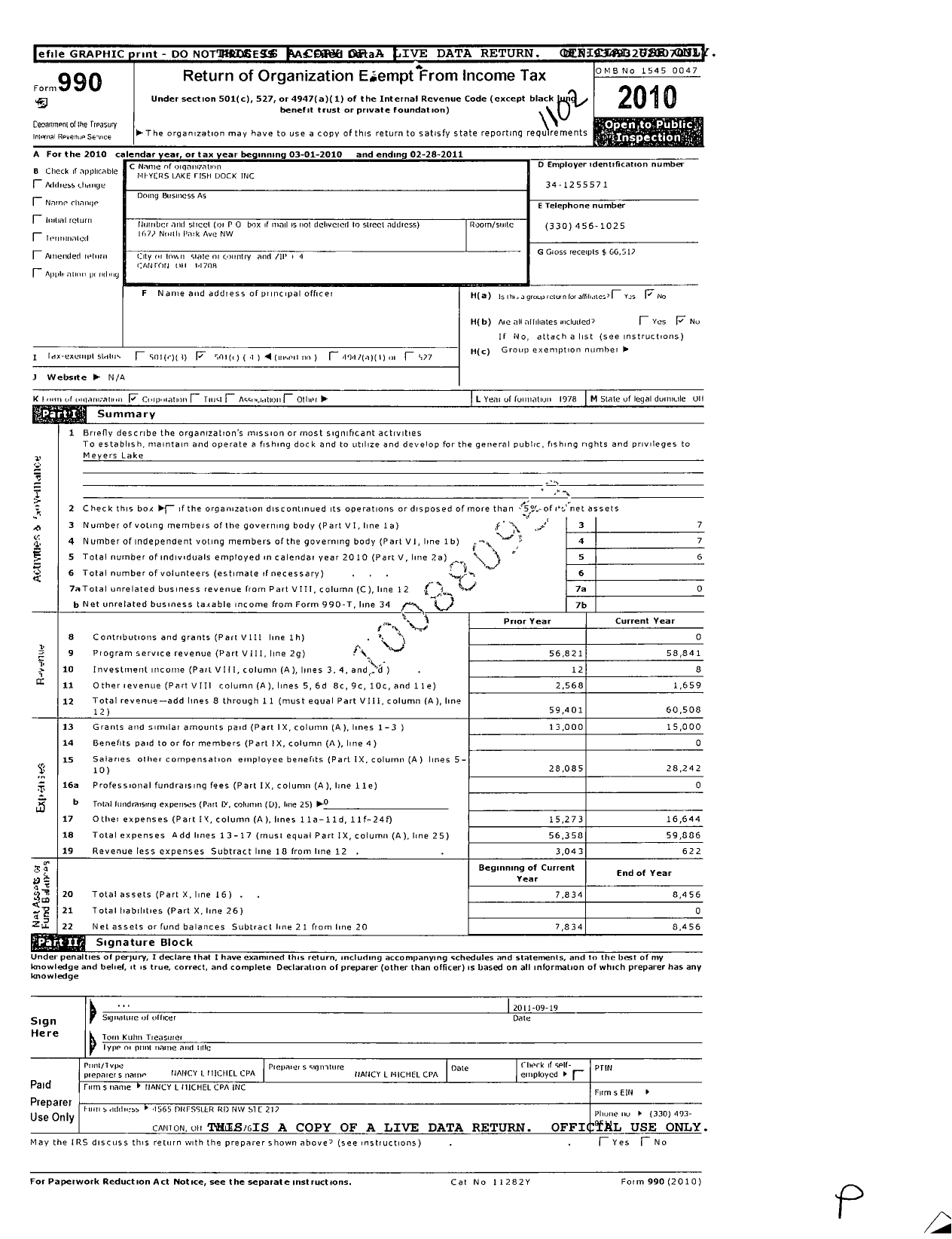 Image of first page of 2010 Form 990O for Meyers Lake Fish Dock