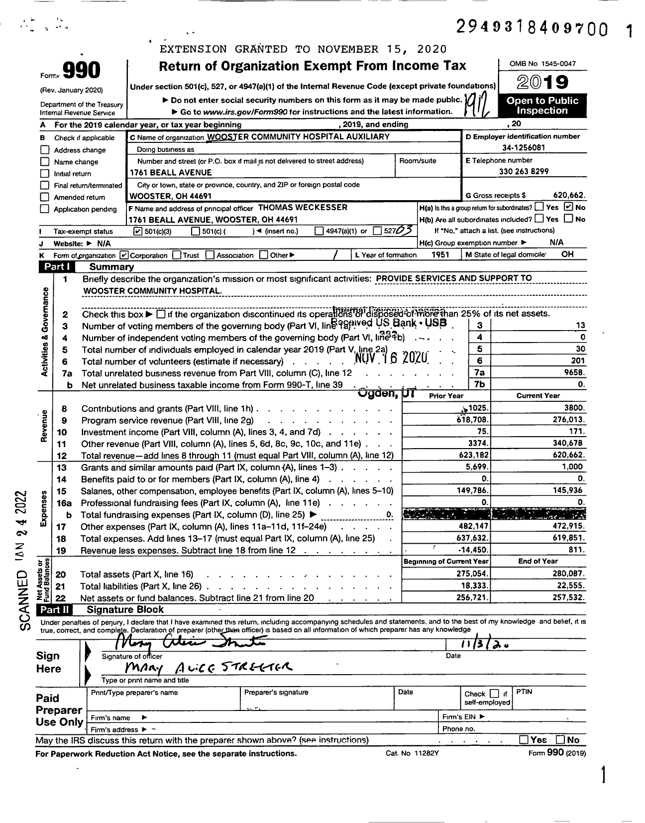 Image of first page of 2019 Form 990 for Wooster Community Hospital Auxiliary