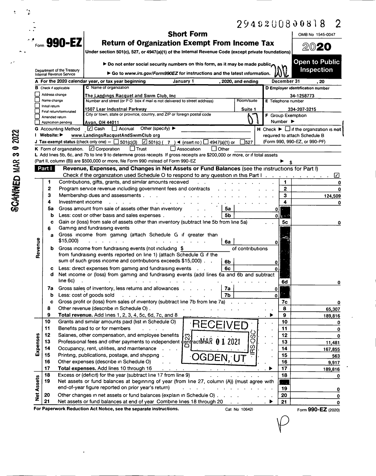 Image of first page of 2020 Form 990EO for Landings Racquet and Swim Club