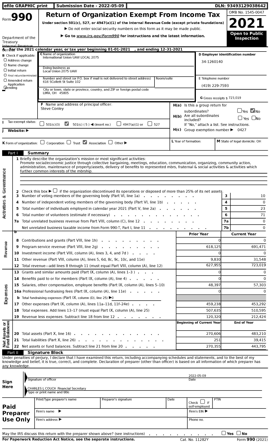 Image of first page of 2021 Form 990 for UAW - Local Union 2075 UAW