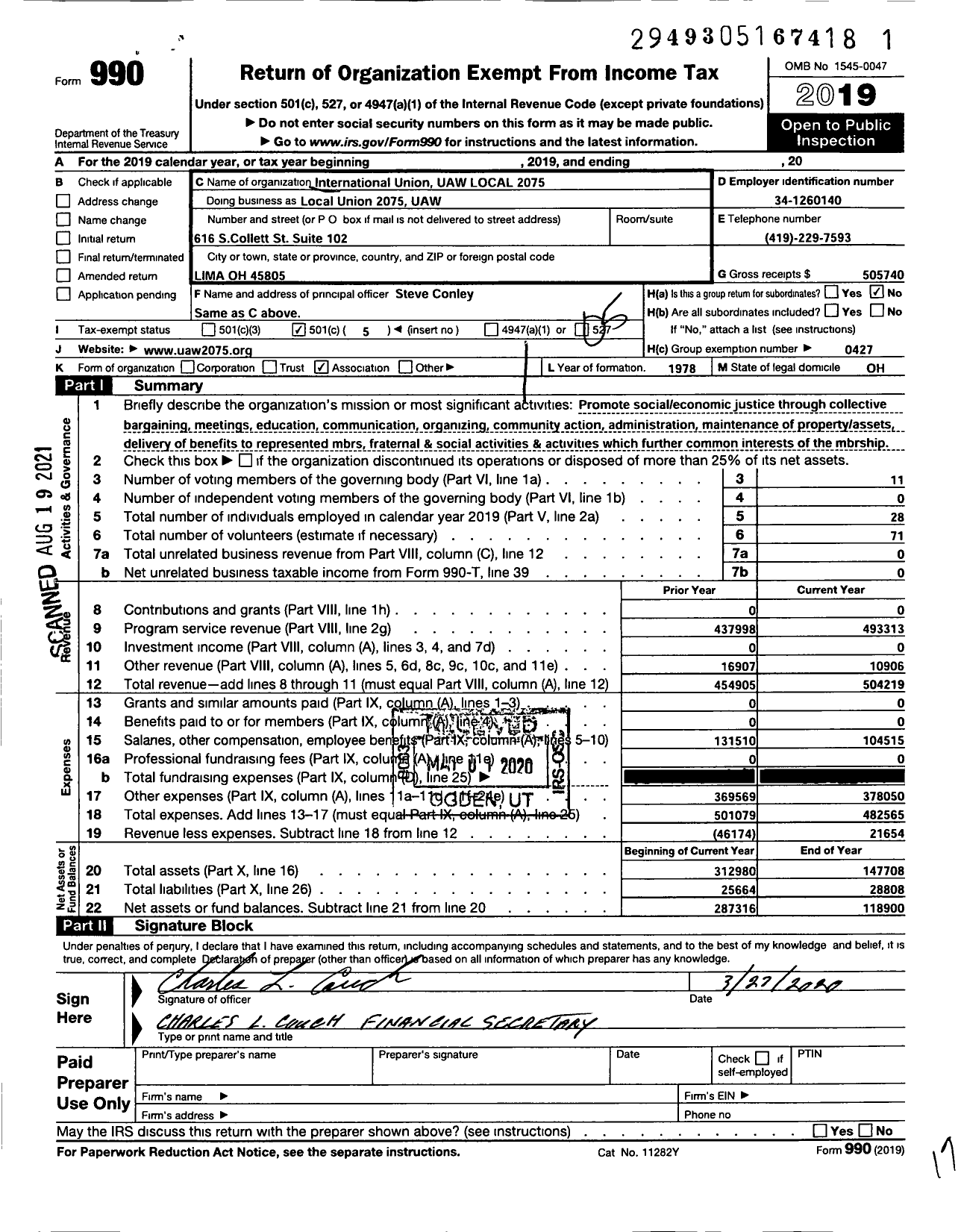 Image of first page of 2019 Form 990O for UAW - Local Union 2075 UAW