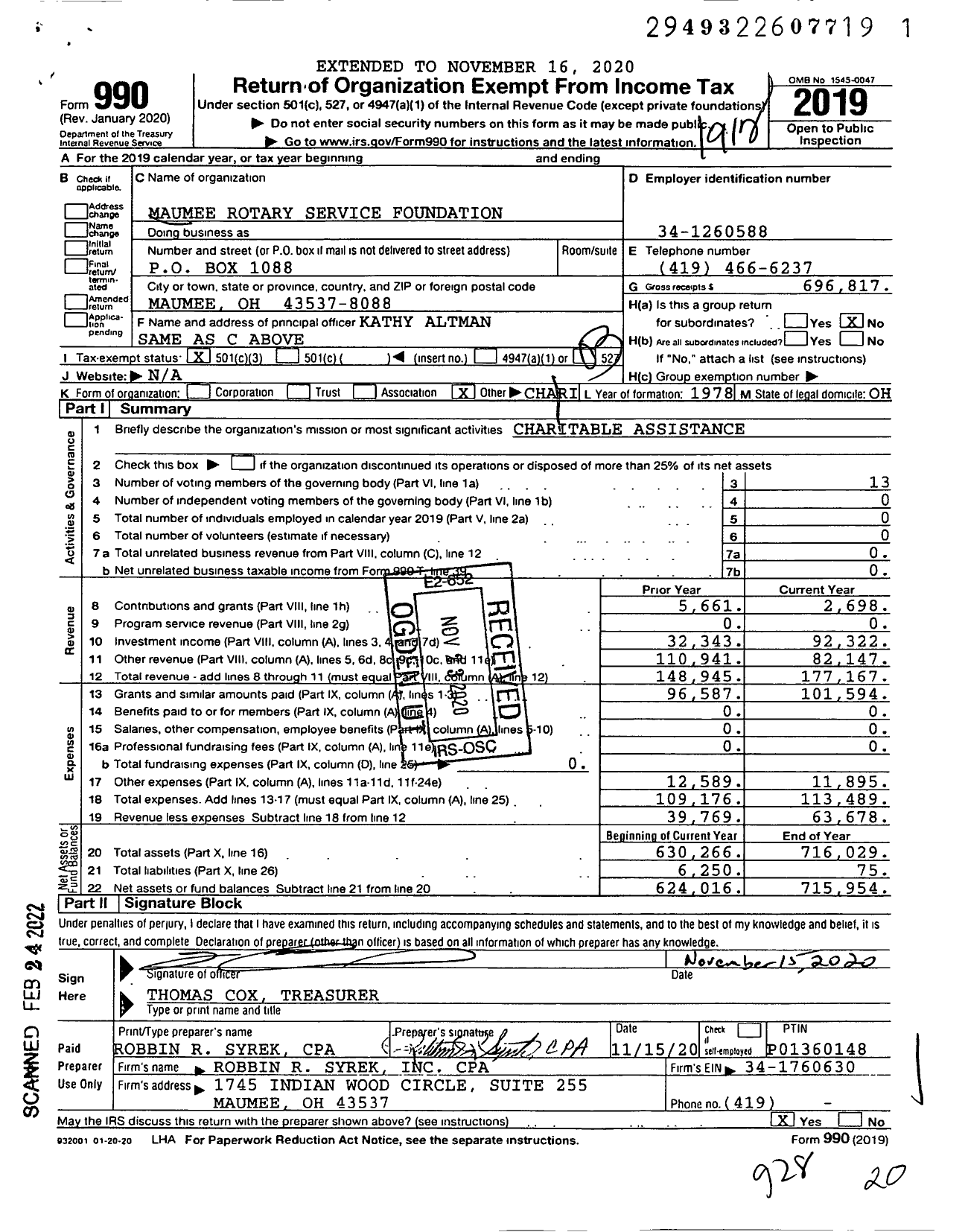 Image of first page of 2019 Form 990 for Maumee Rotary Service Foundation