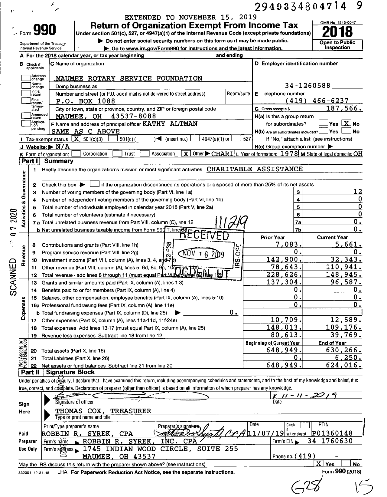 Image of first page of 2018 Form 990 for Maumee Rotary Service Foundation