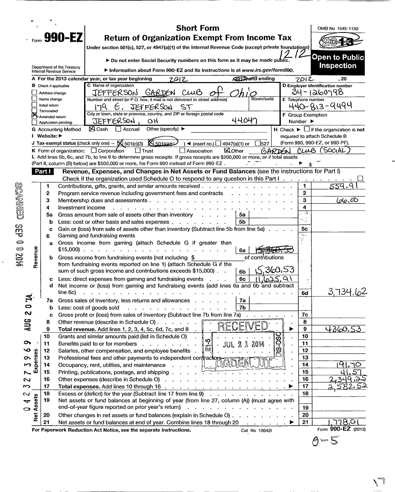 Image of first page of 2012 Form 990EZ for Garden Club of Ohio / Jefferson Garden Club