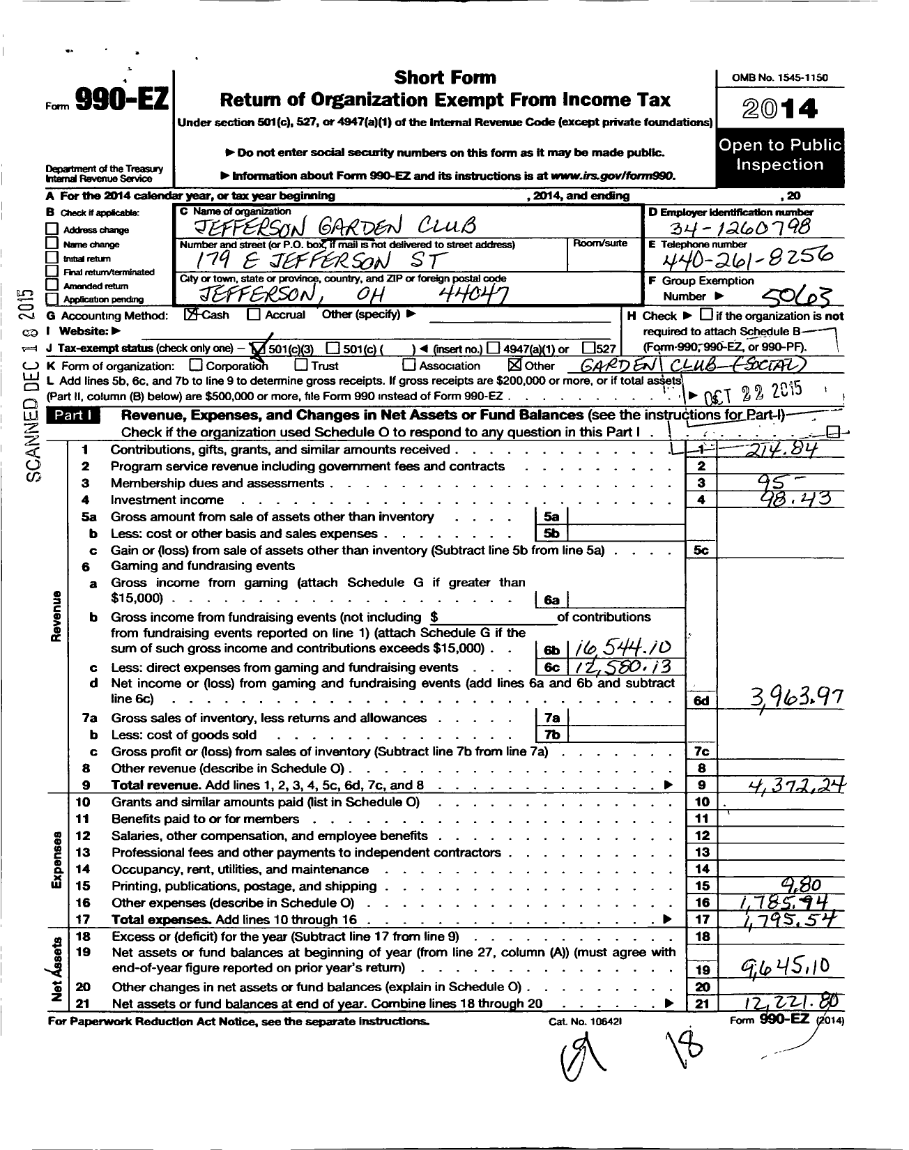 Image of first page of 2014 Form 990EZ for Garden Club of Ohio / Jefferson Garden Club