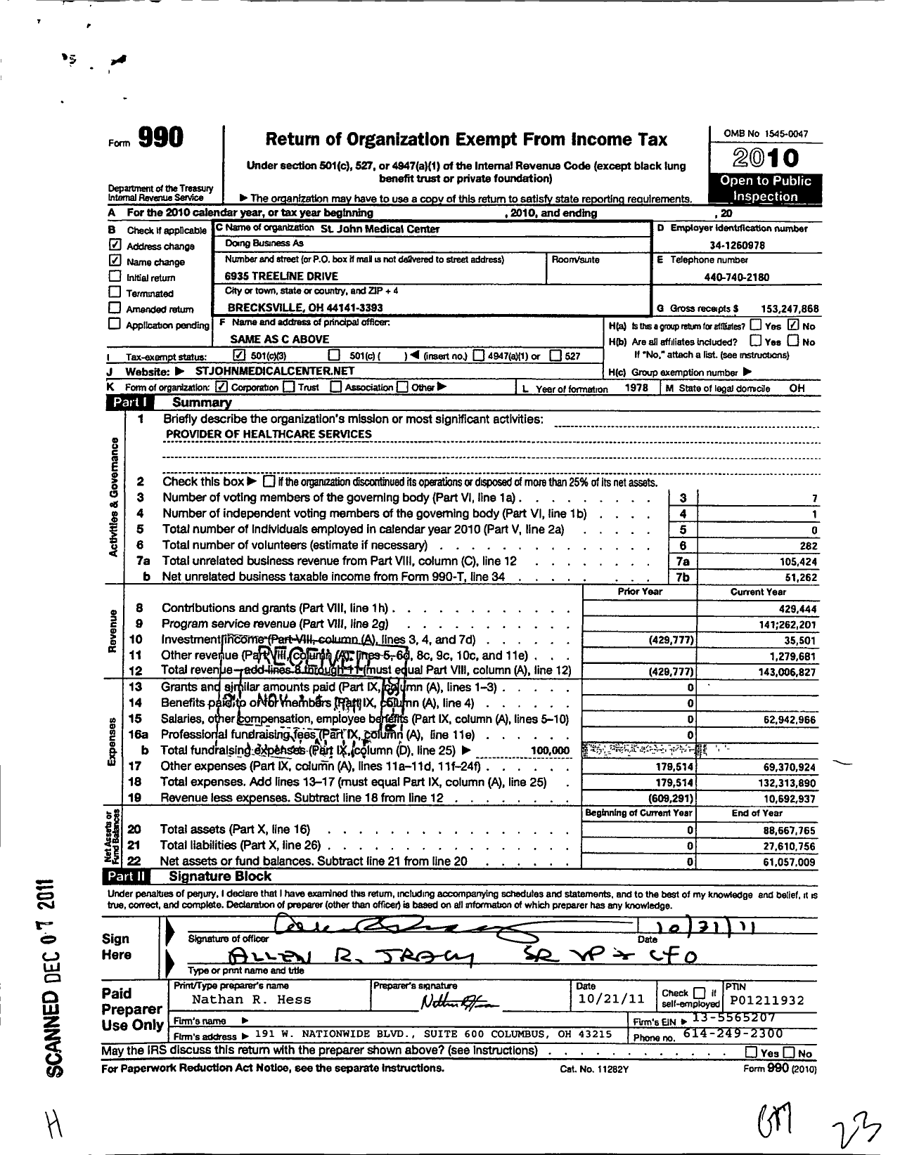 Image of first page of 2010 Form 990 for St John Medical Center