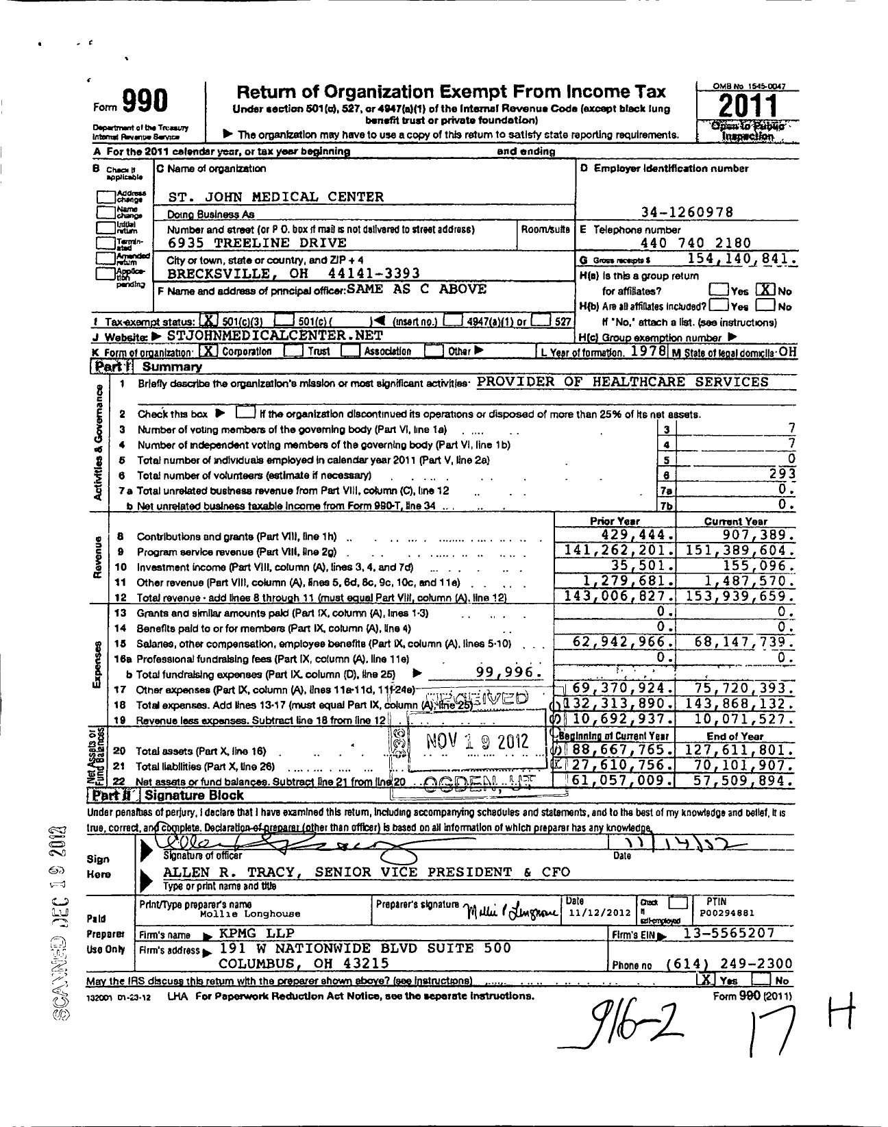 Image of first page of 2011 Form 990 for St John Medical Center