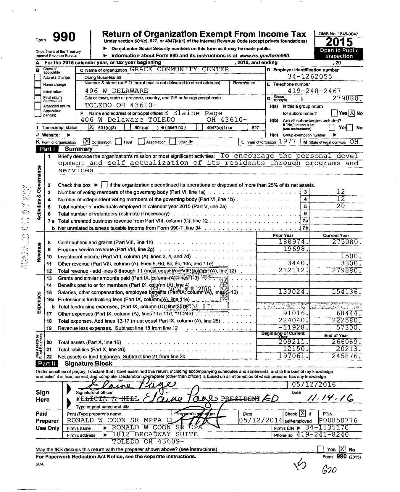 Image of first page of 2015 Form 990 for Grace Community Center
