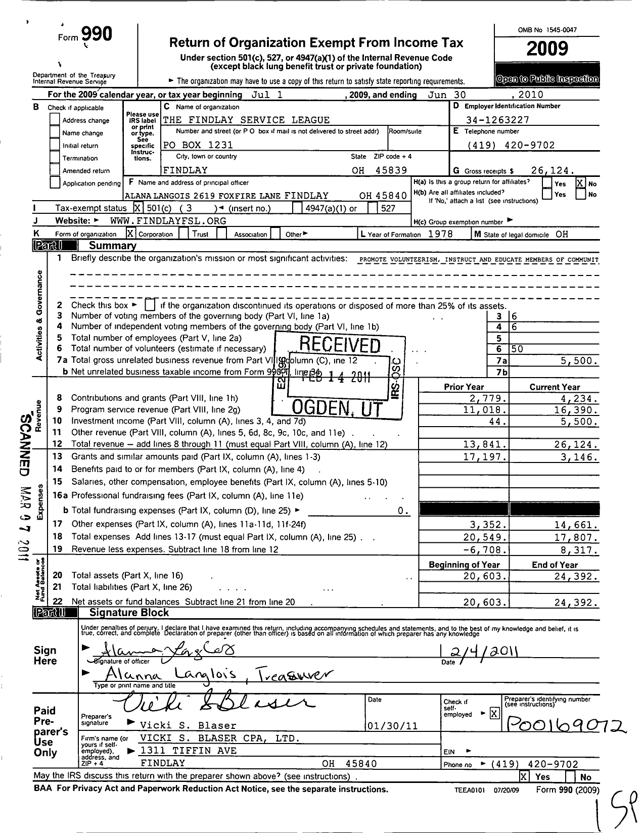 Image of first page of 2009 Form 990 for Findlay Service League