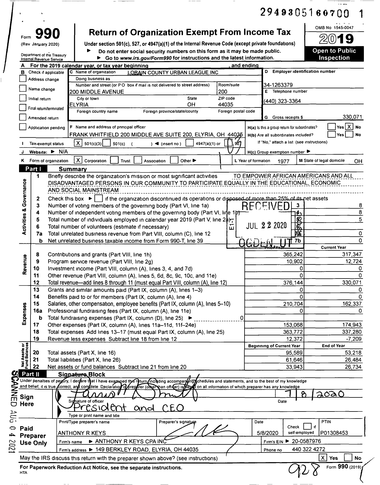 Image of first page of 2019 Form 990 for Lorain County Urban League