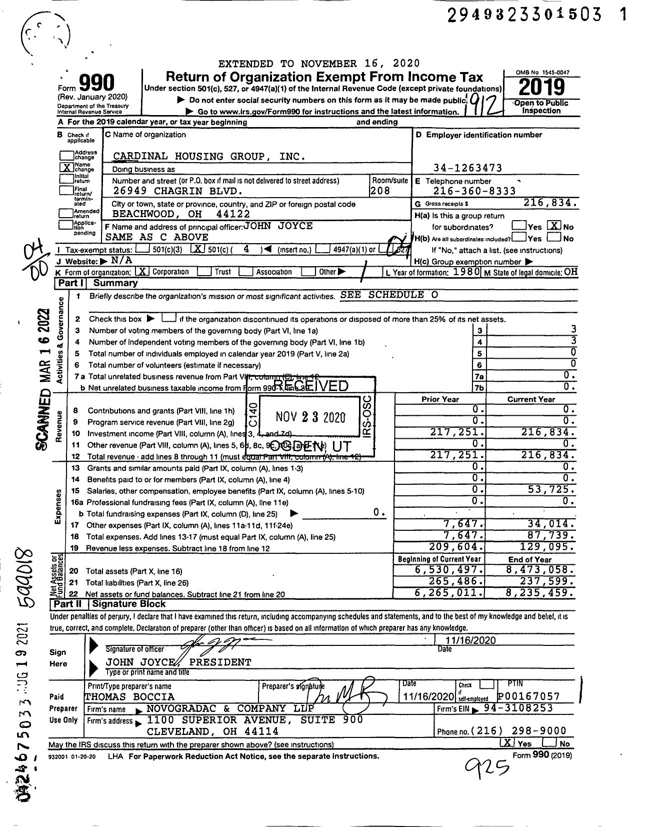 Image of first page of 2019 Form 990O for Cardinal Housing Group