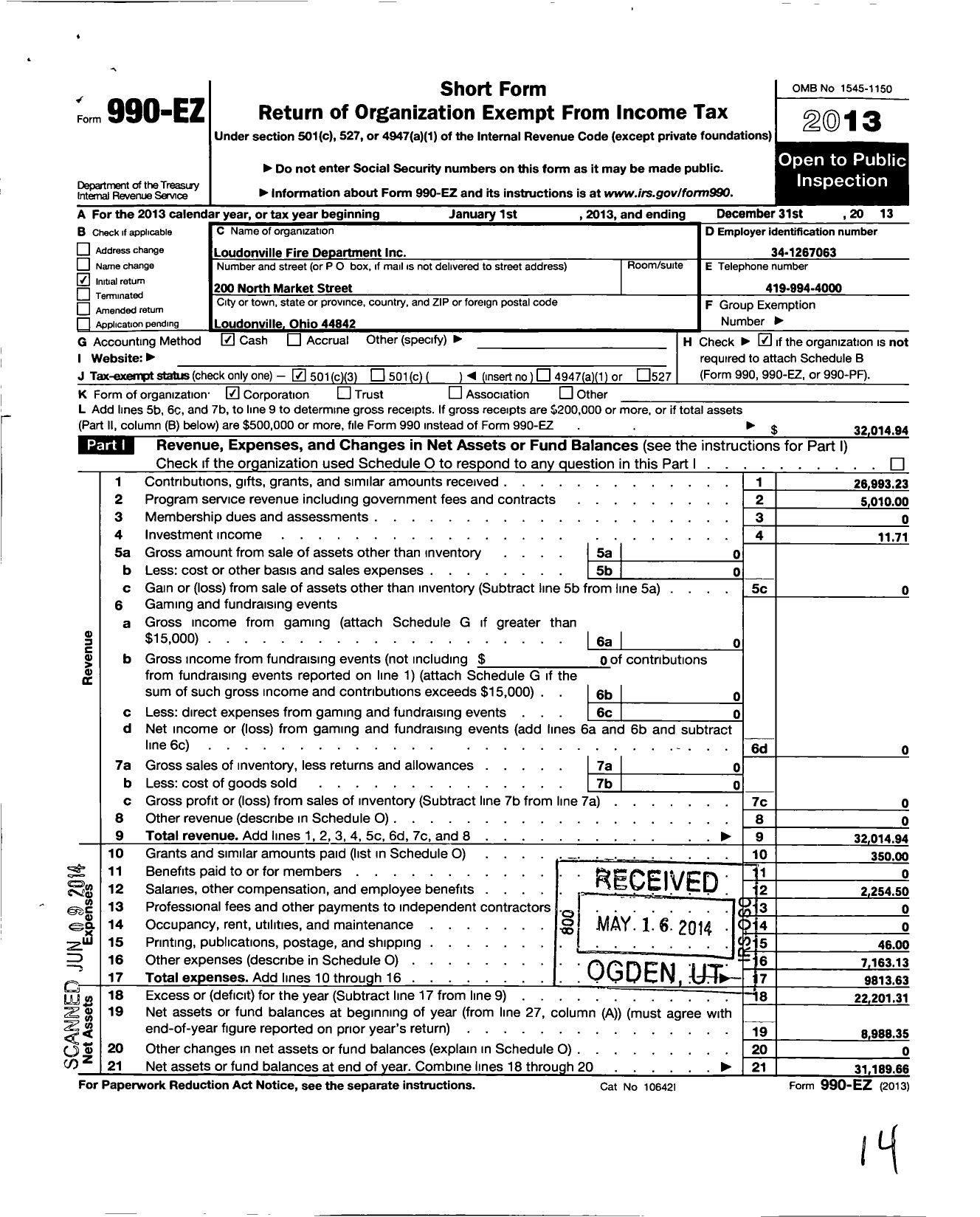 Image of first page of 2013 Form 990EZ for Loudonville Fire Department