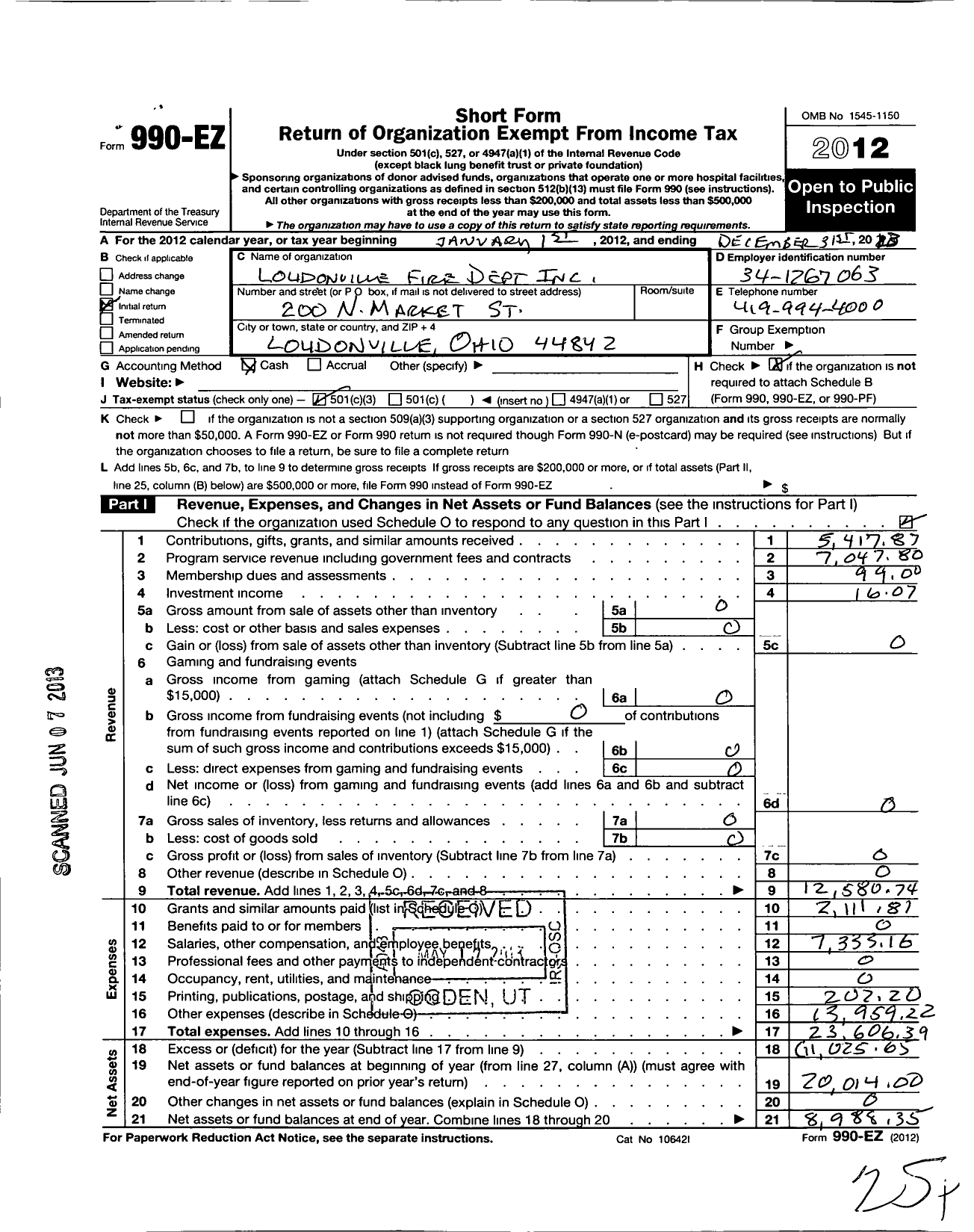 Image of first page of 2012 Form 990EZ for Loudonville Fire Department